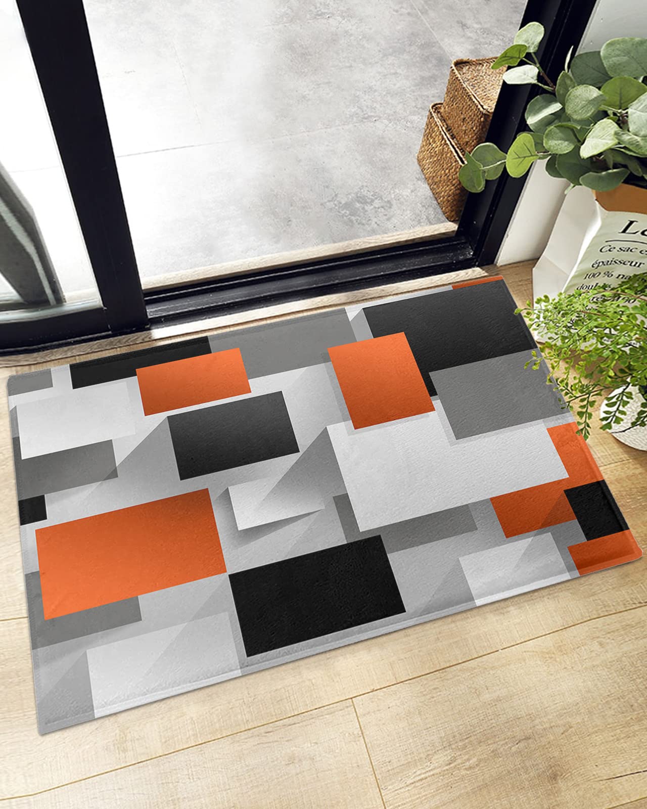 Indoor Doormat Orange Gray Color Block Overlay Colorful,Shaggy Floor Mat with Non-Skid Backing Geometric Abstract Figure,Machine Washable Plush Area