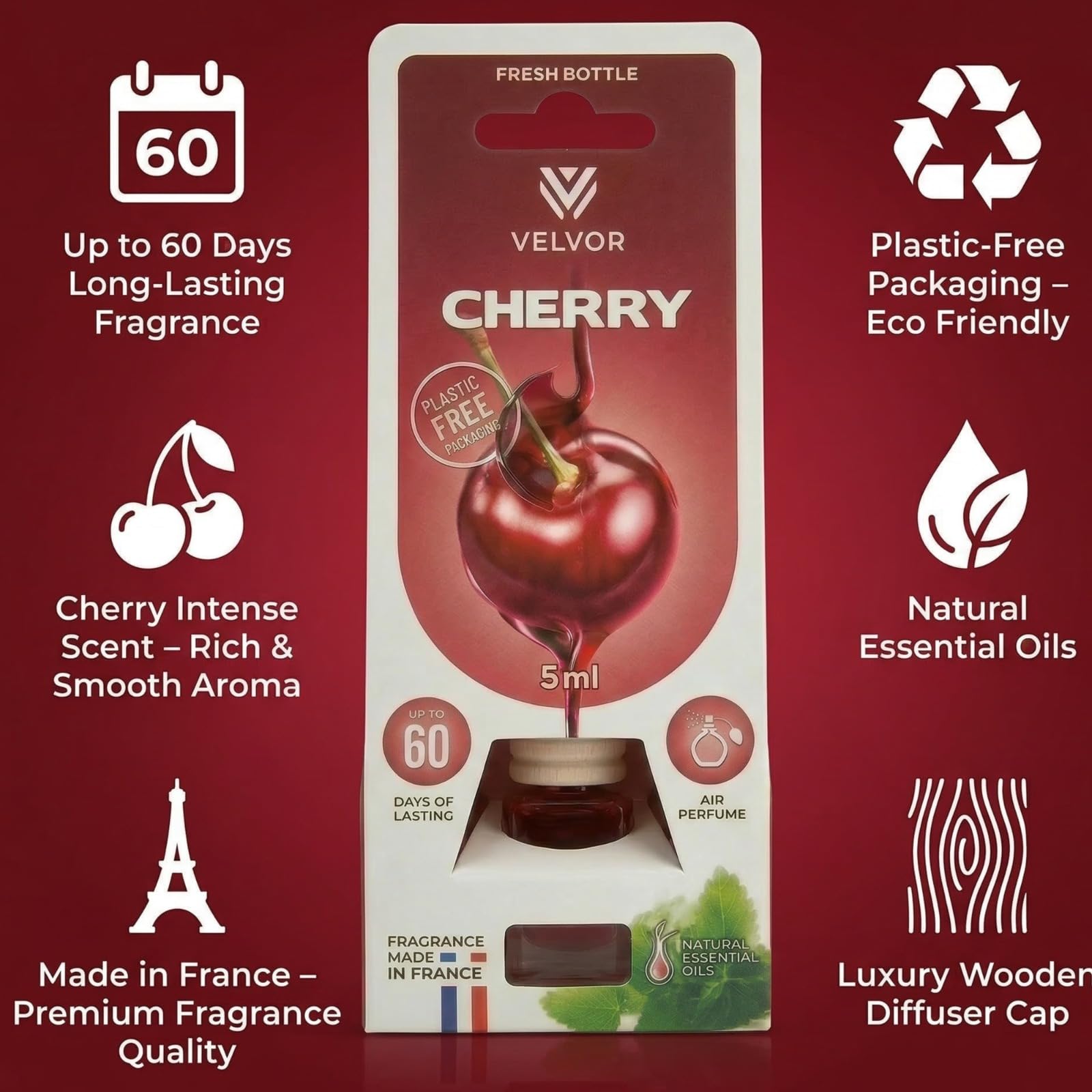 Velvor Car Air Freshener Wooden Diffuser 5ml – Made in France Hanging Car Perfume, Sweet Fruity Aroma, Long Lasting Wooden Cap Diffuser Up to 60 Days, Plastic-Free Packaging (Cherry) — view 4
