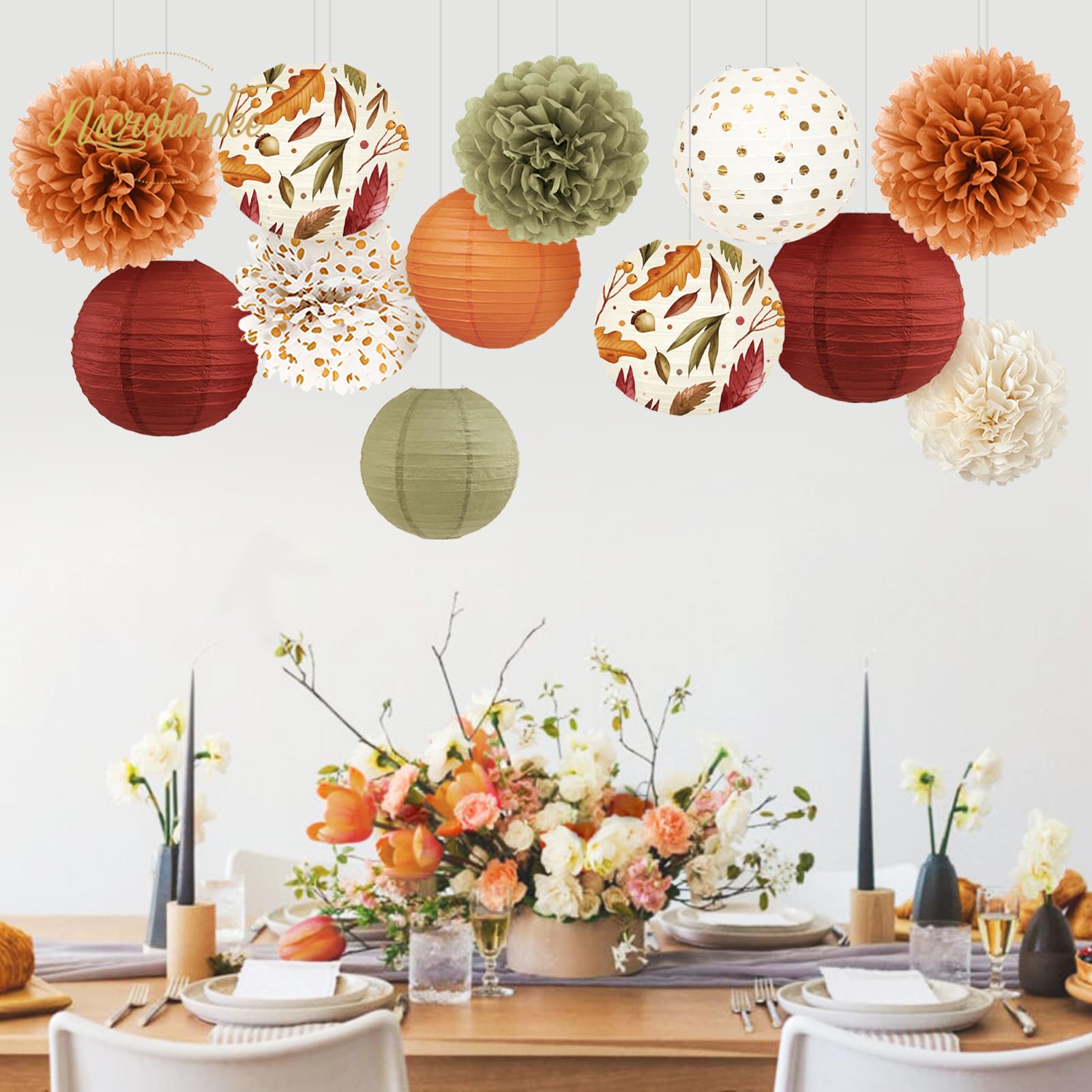 12-teiliges Herbst-Deko-Set Mit Ahornblatt-Laternen & Pompons | Für Hochzeit, Thanksgiving, Baby-Party