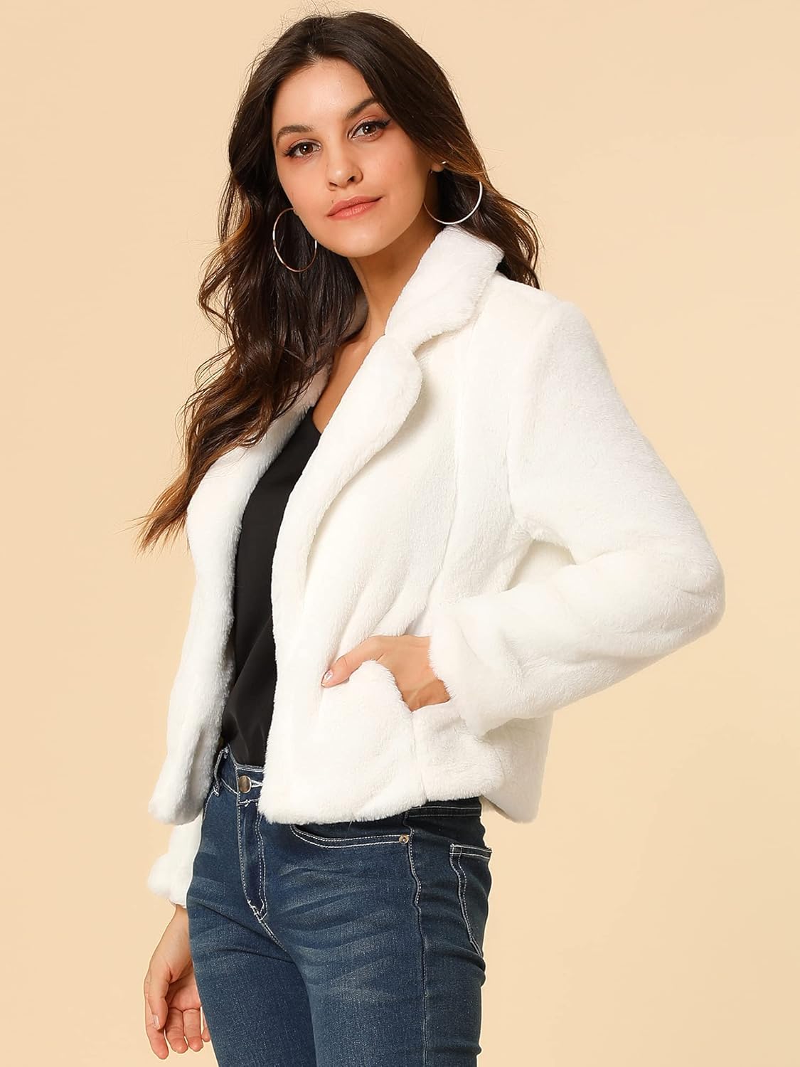 Allegra K Women's Cropped Faux Fur Jacket Lapel Cardigan Shrug 2024 Winter Fluffy Faux Fur Coat - Image 4