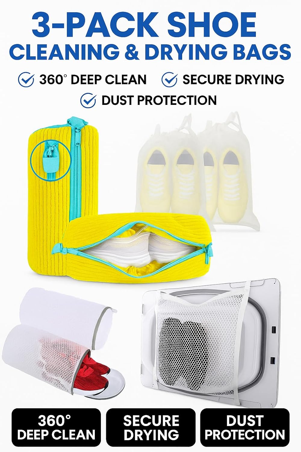 3in1 Shoe Washing & Drying Bag Set - 2 Honeycomb Mesh Laundry Bags, XXL Chenille Shoe Cleaning Bags, 2 Dust Covers, 1 Sneaker Dryer Net & Elastic Straps for Sneakers, Running Shoes, Sock, Bras (3in1)