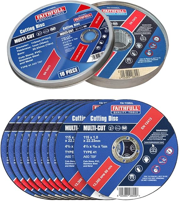 Faithfull FAI11510MUL Extra Thin (1 mm) Fast Cut Cutting Discs 115 mm x 1 mm x 22 mm (4.5 Inch) 10 Pack with Storage Tin