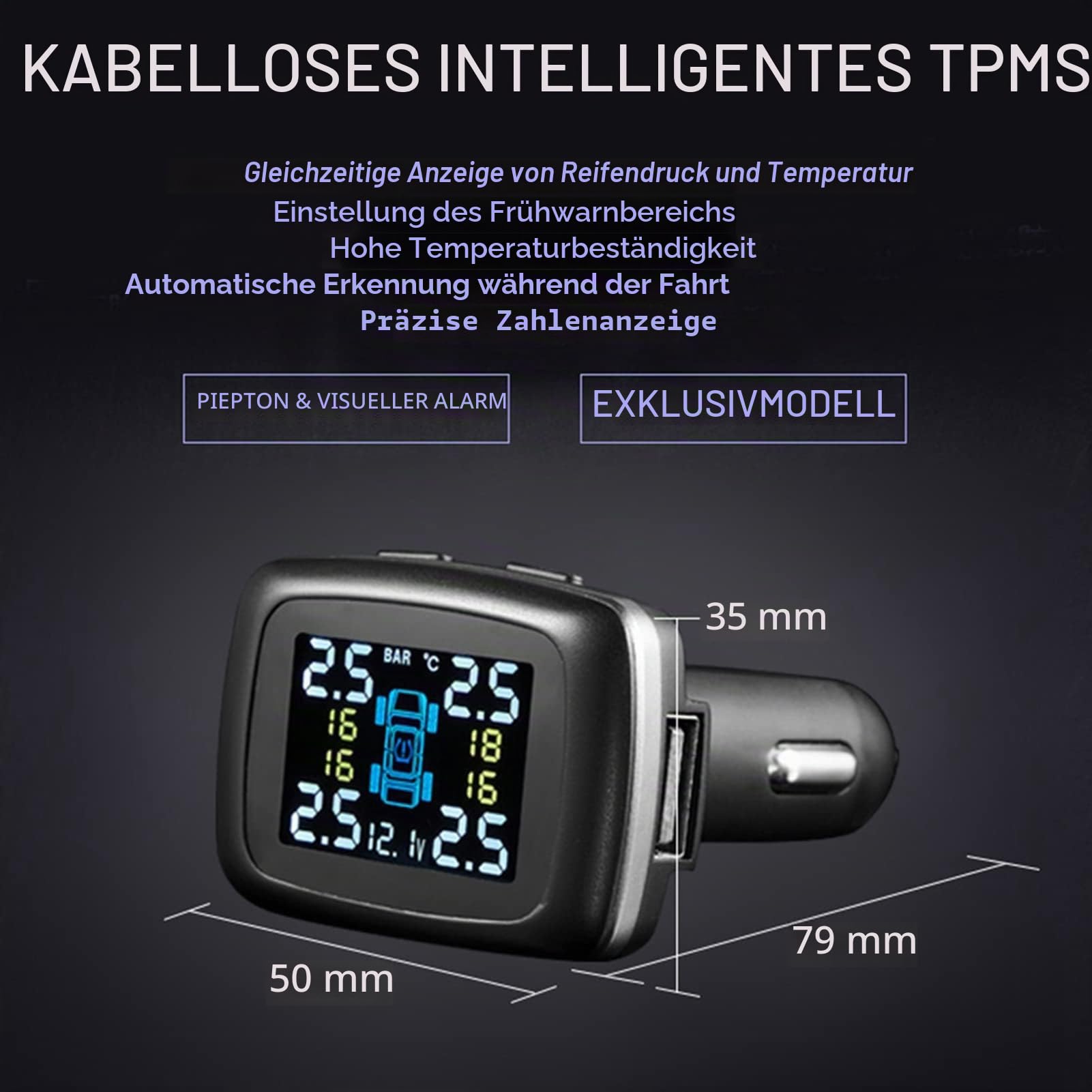 TPMS-Reifendruckkontrollsystem, Auto-TPMS-Reifendruckkontrollsystem, Zigarettenanzünder Mit 4 Externen Sensoren Für Auto, Wohnmobil, SUV