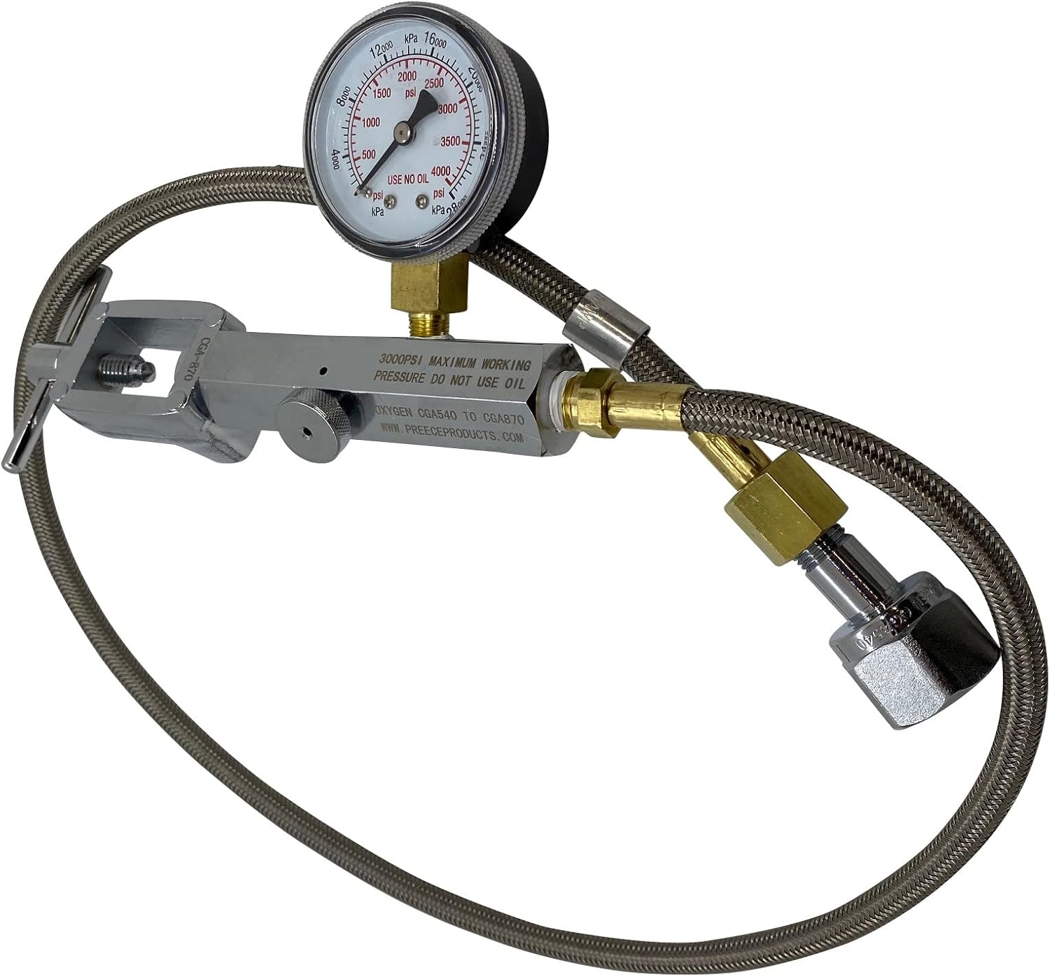 Preece Precision Oxygen Transfill Hose Adaptor CGA540 to CGA870 with Bleed Valve and Gauge for Medical Dental Aviation