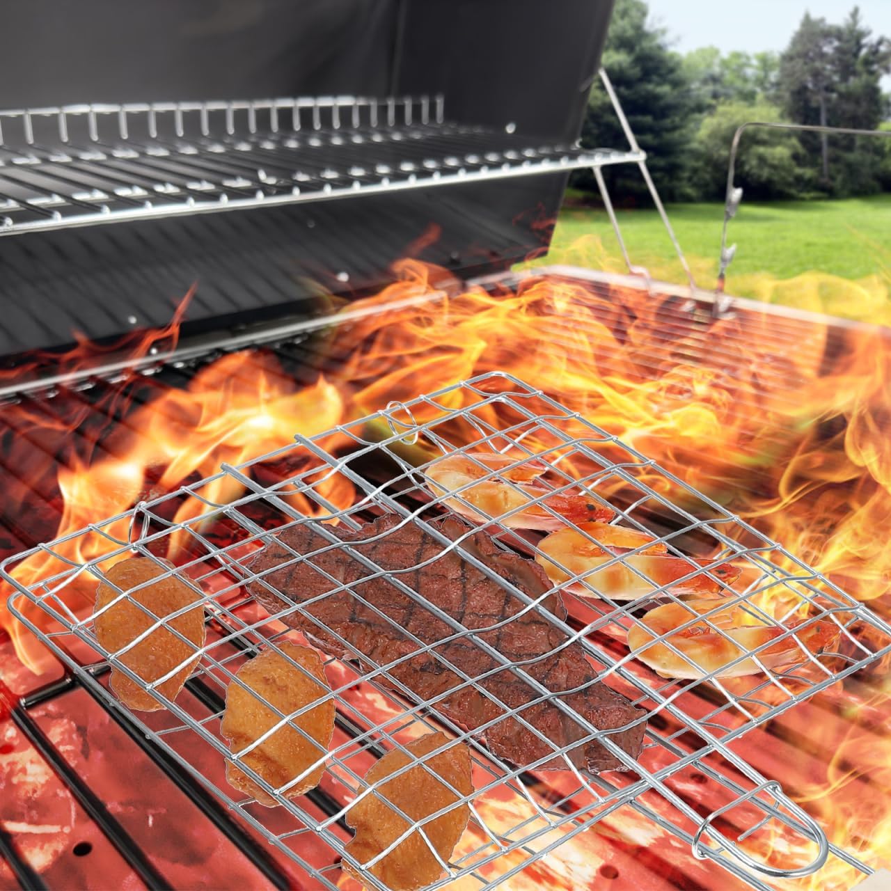 Stainless Steel Barbecue Rack 15X8.7 Inch Grill Basket with Wooden Handle 2Pcs Outdoor BBQ Cooking Tool for Patio Picnic Grilling Steak and Vegetables