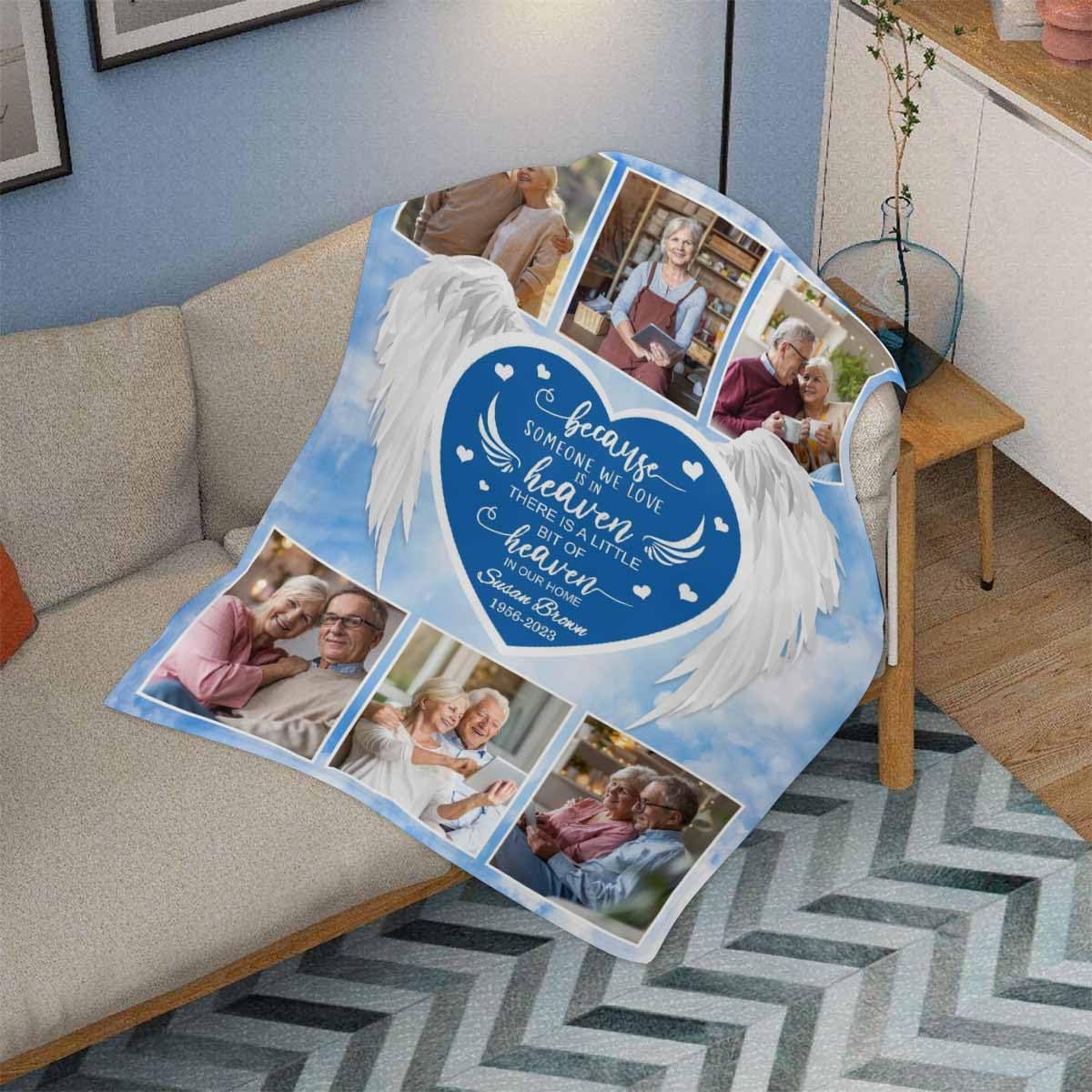 Personalized in Loving Memory Blankets Custom Blue Heart Angel Wings Flannel Fleece Blanket with Photos And Text Customized Blanket for Loss of Friends, Kids, Family Remembrance Sympathy Gift 60x80