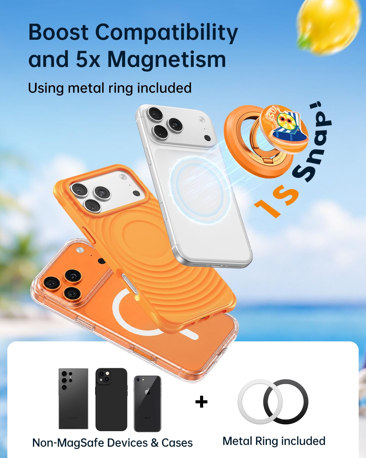 SYNCWIRE Anello Cellulare Magnetico per MagSafe, Supporto Impugnatura Telefono 360° Rotazione con Kickstand, Compatibile con iPhone 17 16 15 14 13 12 Pro Max, Android, Arancione Tramonto