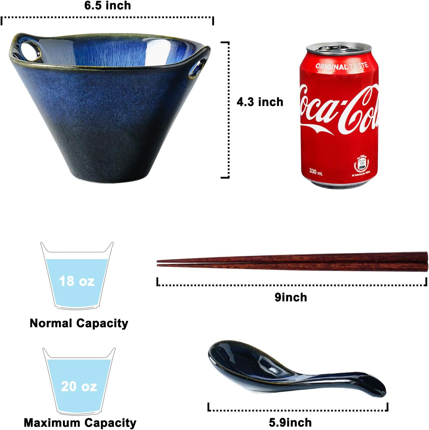 20oz Ceramic Ramen Bowl Set of 2 (6 Pcs) with Chopsticks & Spoons, 6-Inch Japanese Porcelain Noodle Bowls with Unique Chopstick Rest Holes for Soup, Pho, Udon. image 2
