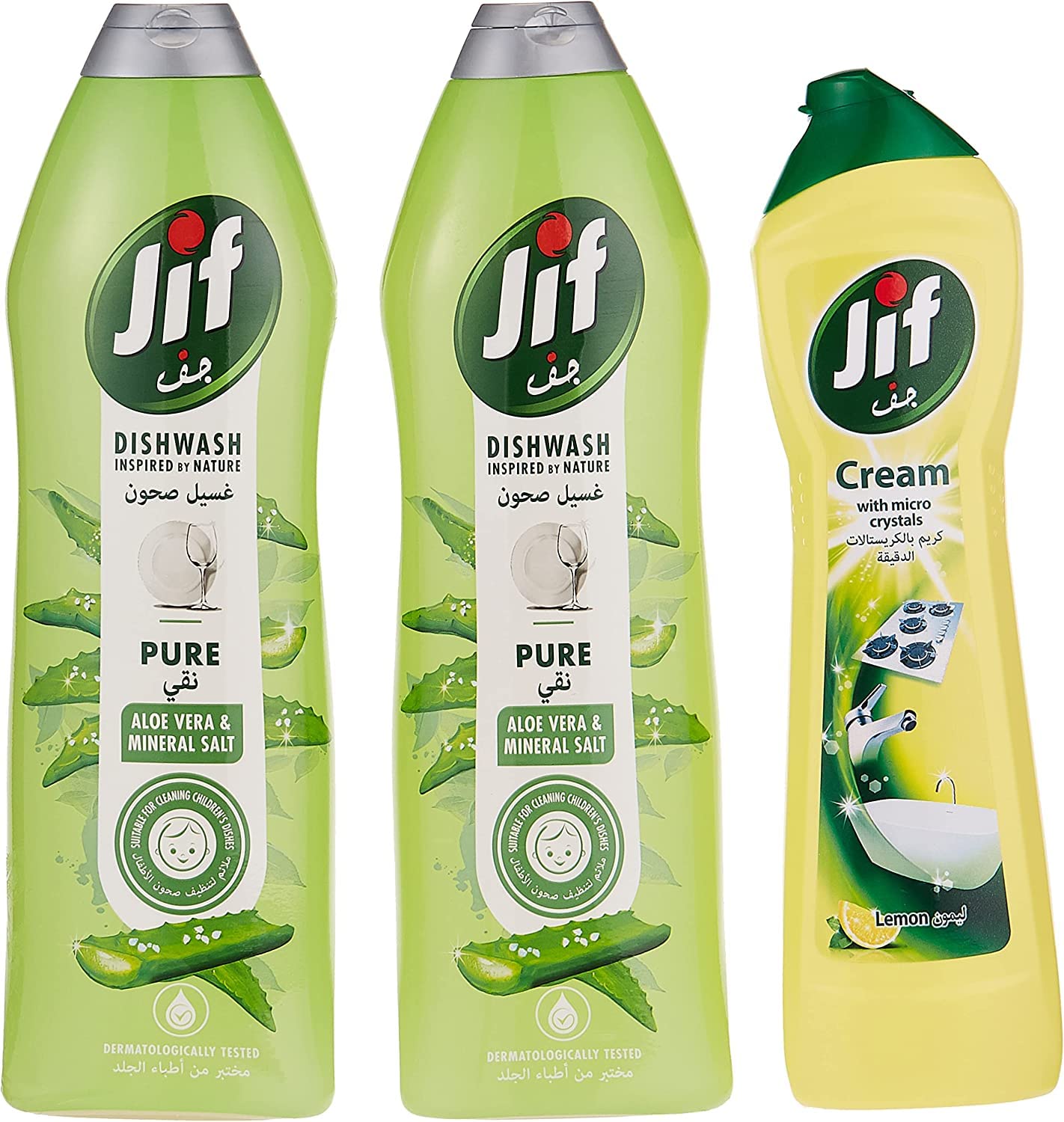 Jif Pure Hand Dishwash Suitable for Cleaning Childrens Dishes Aloe Vera and Mineral Salt 750ml + JIF Cream Cleaner, with Micro Crystals Technology, Lemon, 750ml