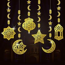 AhfuLife Eid Mubarak Hanging Decorations for Home, 6 Pcs Pre-Tied Hanging Golden Ramadan Star Moon Lantern Decor, Reusable Islamic Eid Streamer Decorations for Festival Party