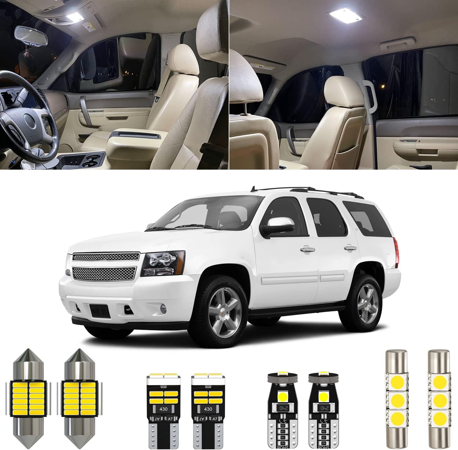 15pcs 6000K White LED Interior Light Kit Package Replacement for Chevrolet Tahoe/Suburban GMC Yukon 2007 2008 2009 2010 2011 2012 2013 2014 with Placement Diagram and Installation Tools