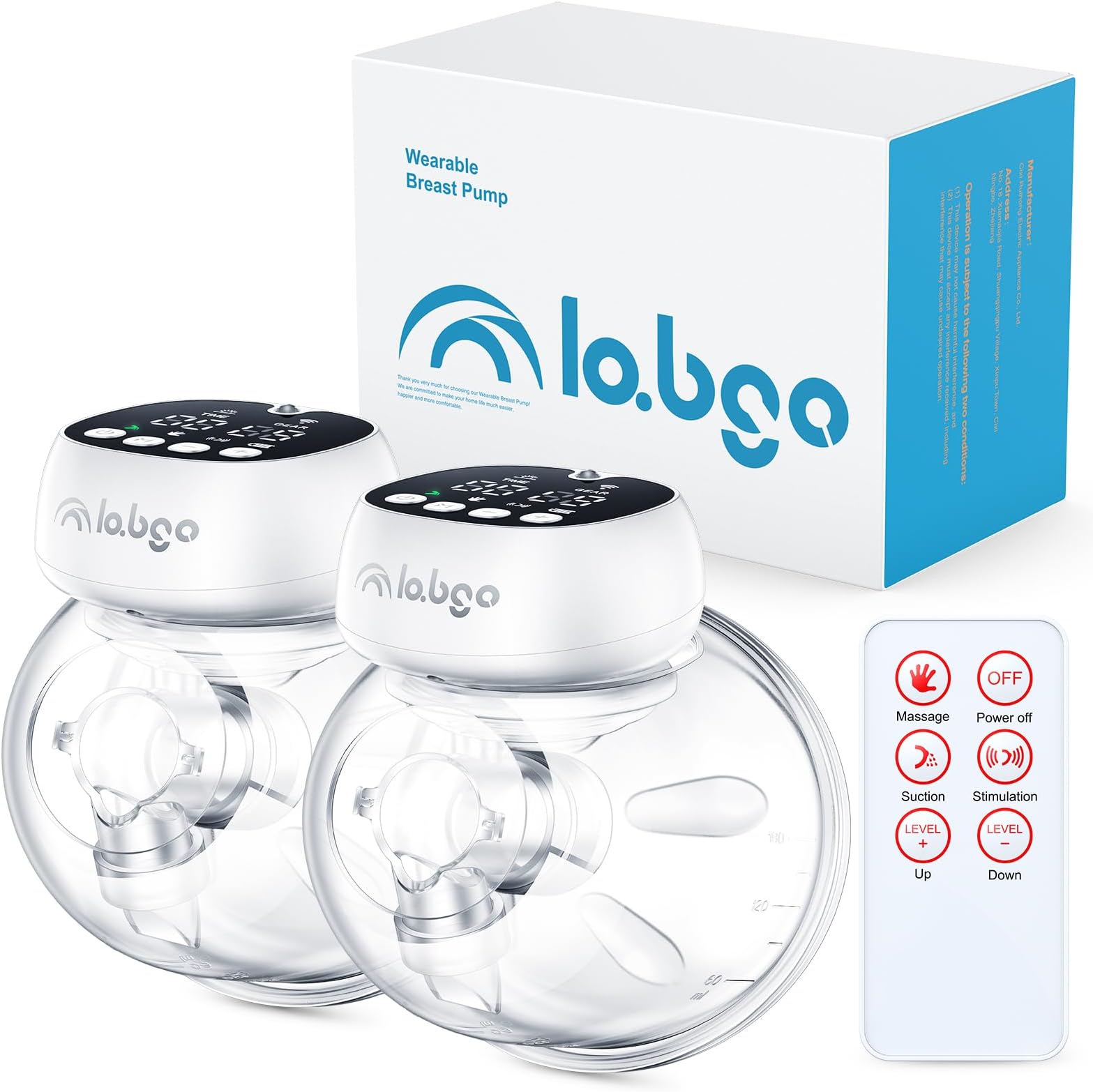 LABIGOHands-Free Breast Pump, Wearable Breast Pump of Longest Battery Life, Remote Control, and LCD Display, Double Portable Electric Breast Pump with 3 Modes & 9 Levels, 24mm & 27mm Flange, 2 Pack