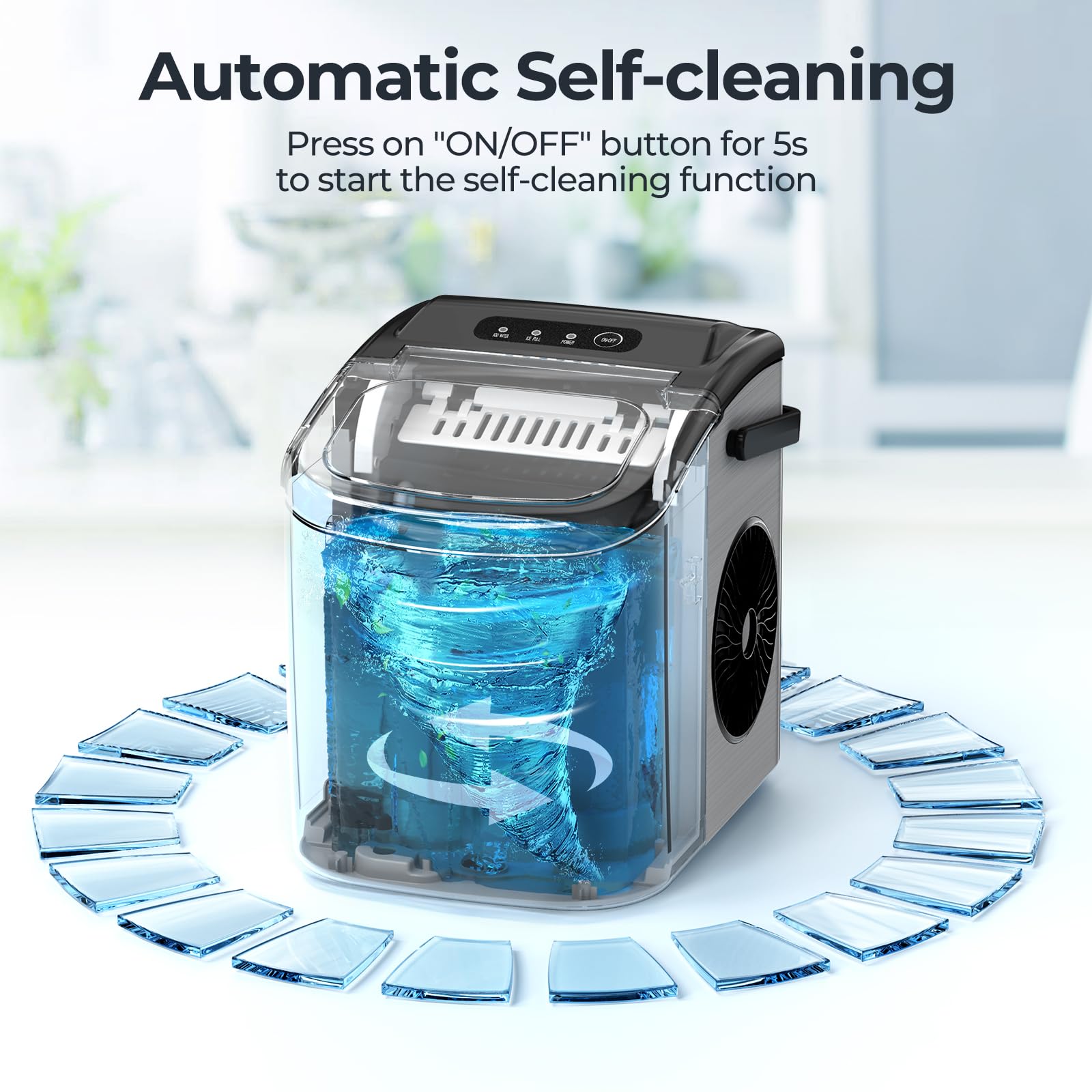 Ice Makers Countertop with Self-Cleaning, 26.5Lbs/24Hrs, 9 Cubes Ice Ready in 6Mins, Portable Ice Maker with Ice Scoop/Basket for Home/Kitchen/Bar/Party, Silver on Fridge.com