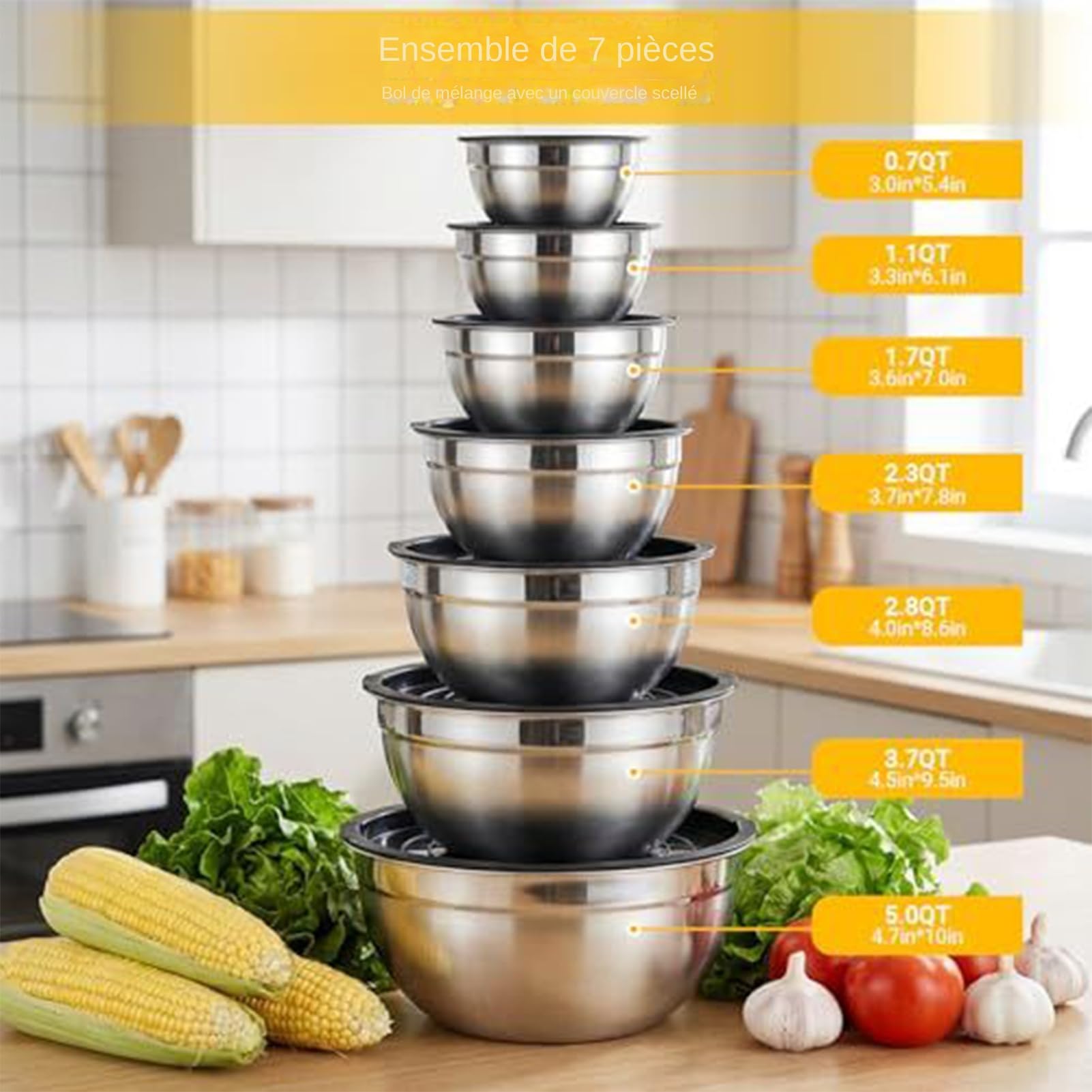 Bolt per mescolare in metallo | Set di 7 pezzi con coperchi Airtight in acciaio inossidabile e imbattibili, ciotole da mescolare per insalata e verdure a casa - per salse snack uova condimento