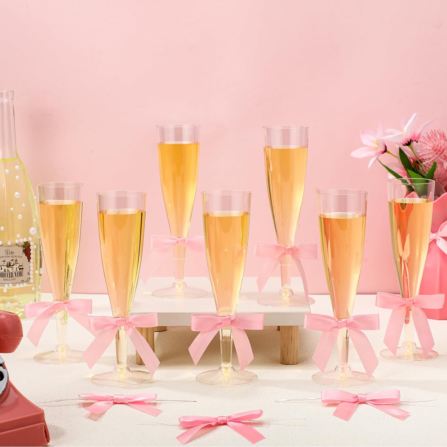 Reallnaive 60 Sets Champagne Flutes with Pink Bows Coquette Party Supplies, 5 oz Plastic Disposable Wine Glasses Reusable Champagne Glass for Valentine Wedding Anniversary Birthday Engagement Party