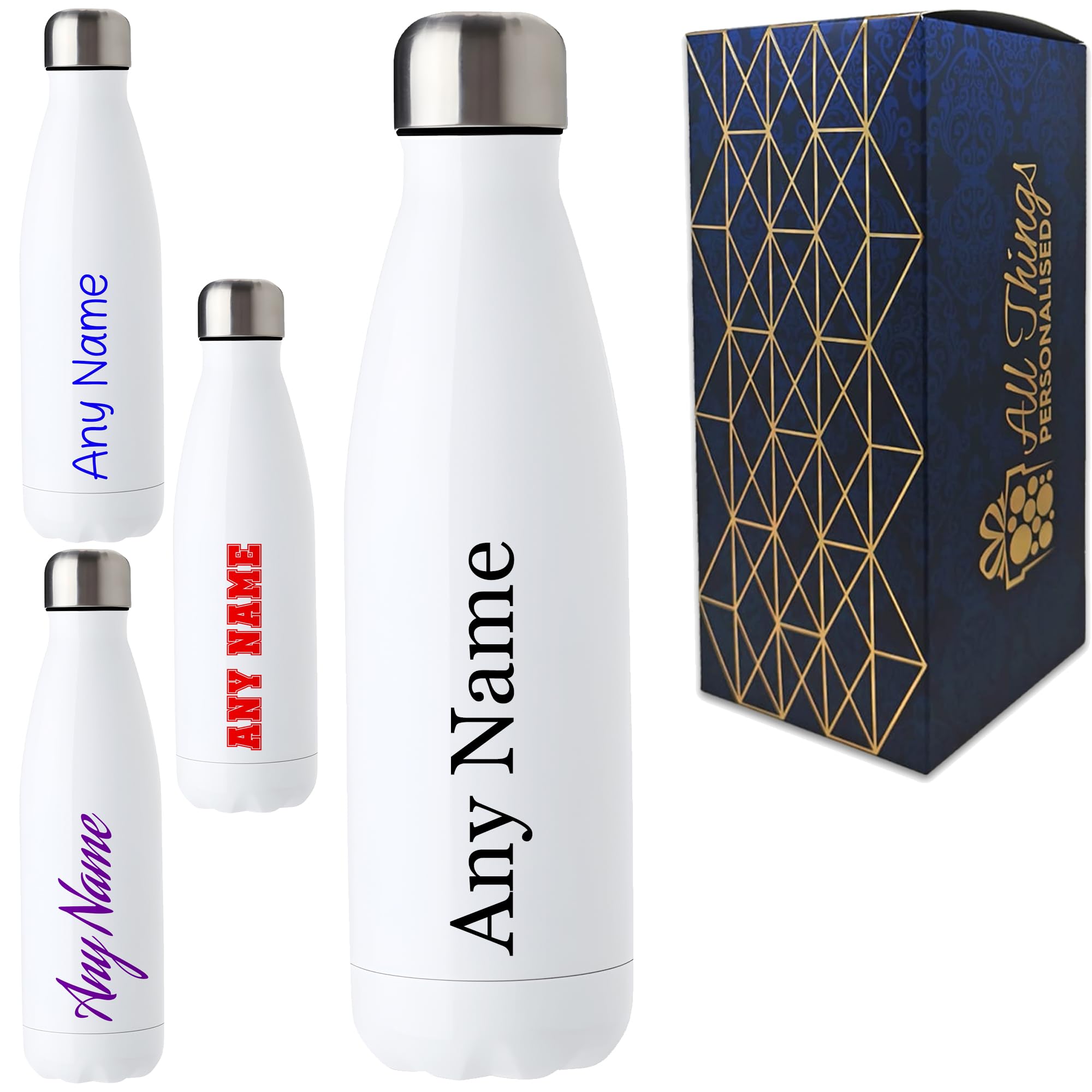 Personalisierte Wasserflasche 500 ml, individueller Name mit wählbarer Schriftart und Farbe, Trinkflasche aus Edelstahl, Geschenkbox inklusive, personalisiertes Geschenk für Kinder und Erwachsene