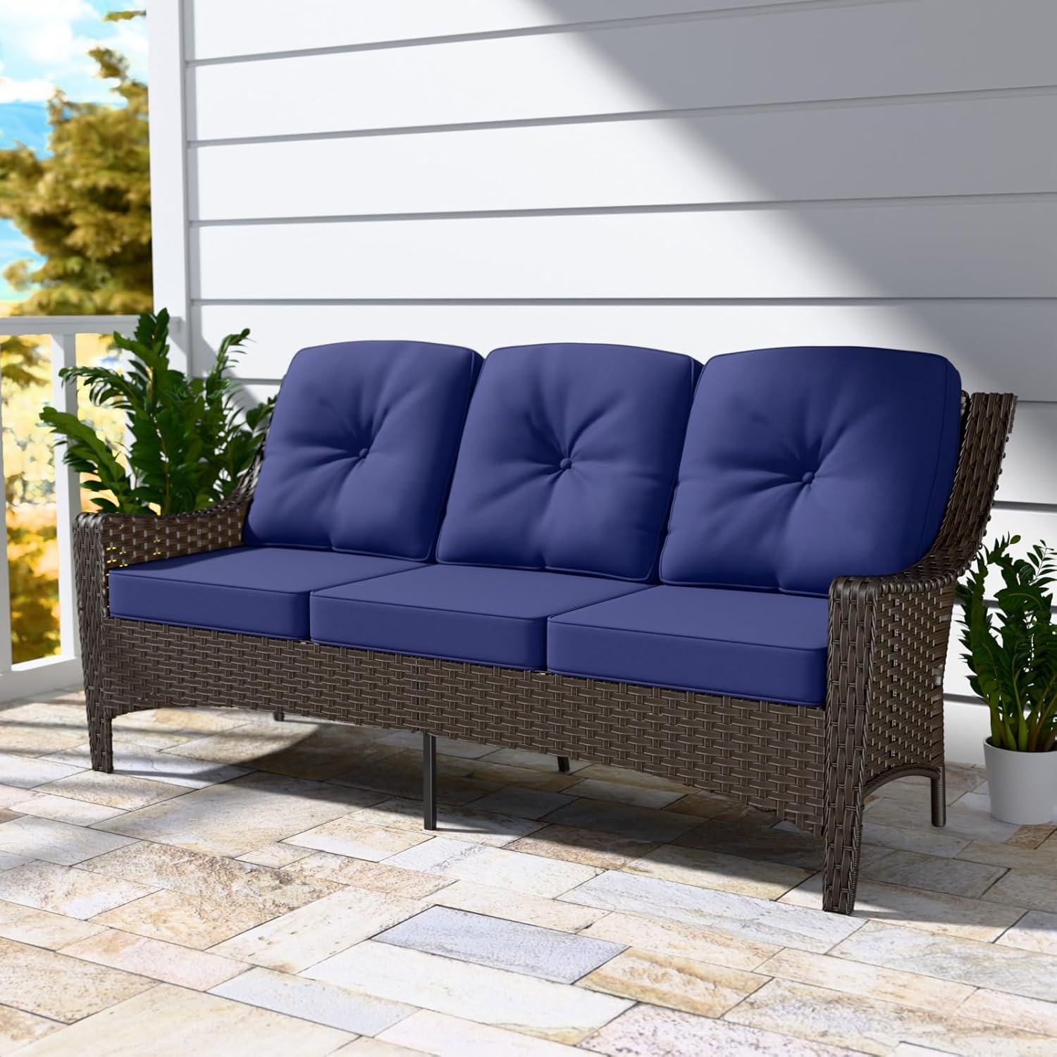Stone Creek 3 Seater Outdoor Wicker Patio Sofa, Outdoor Furniture Loveseat Sofa w/Cushions, Couch for Backyard, Deck, Porch, Brown/Blue
