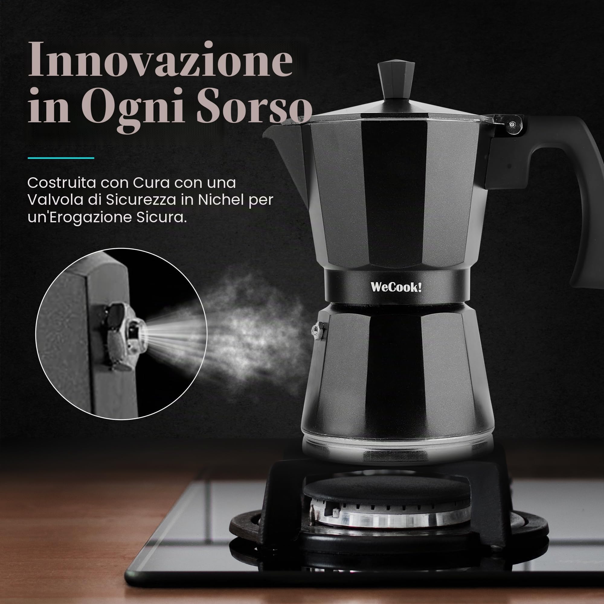 WECOOK! Luccia Caffettiera Italiana a Induzione in Alluminio, Moka Tradizionale, Espresso, 1-3 Tazze di caffè, Base in Acciaio Inossidabile, Valvola di Sicurezza, Vitroceramica, Gas, Elettrica