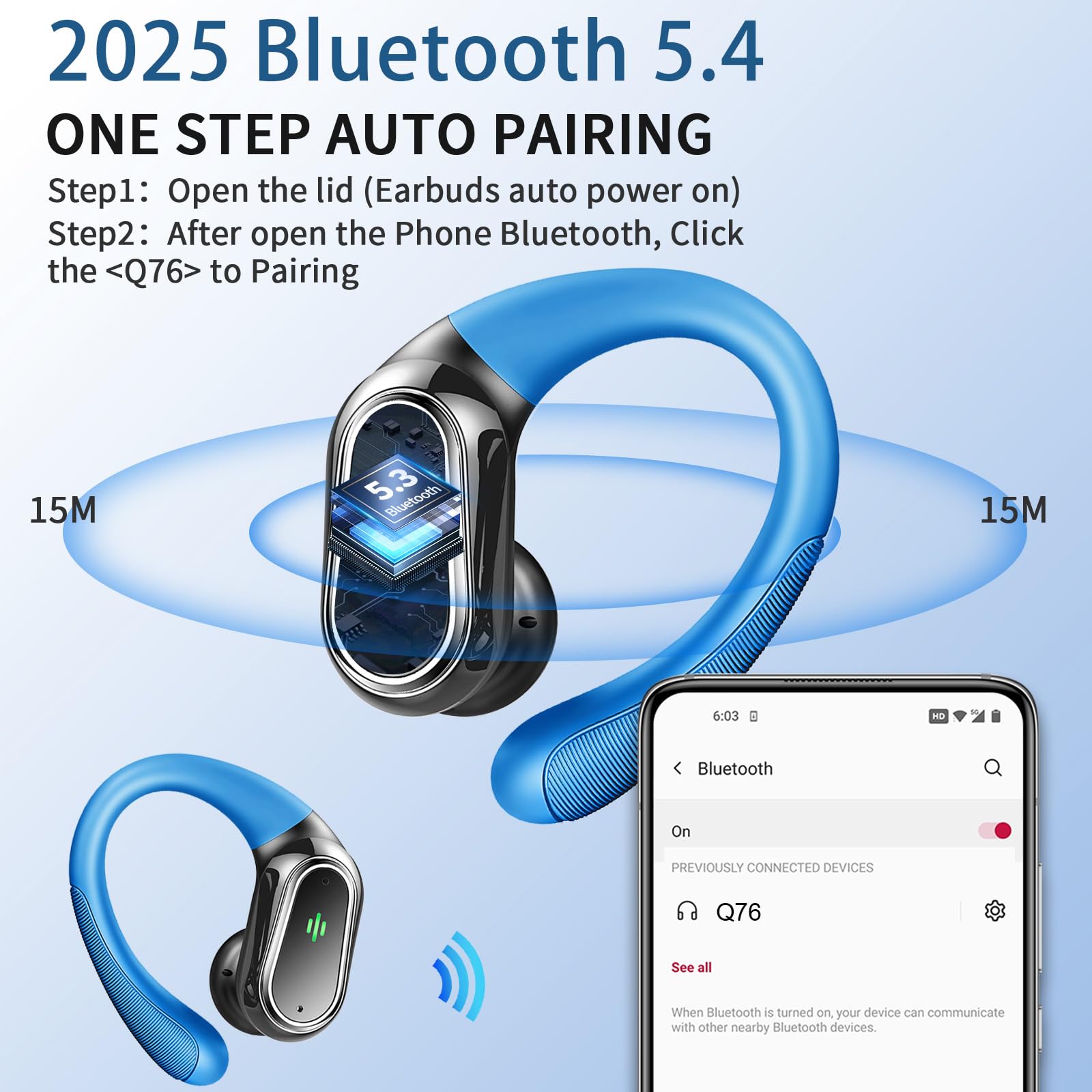 Cuffie Bluetooth Sport, Auricolari Bluetooth 5.4 ENC Riduzione del Rumore Mic, 50 Ore Cuffie Wireless con HiFi Stereo, Cuffiette Senza fili IP7 Impermeabili, Controllo Touch, Display LED, Blu
