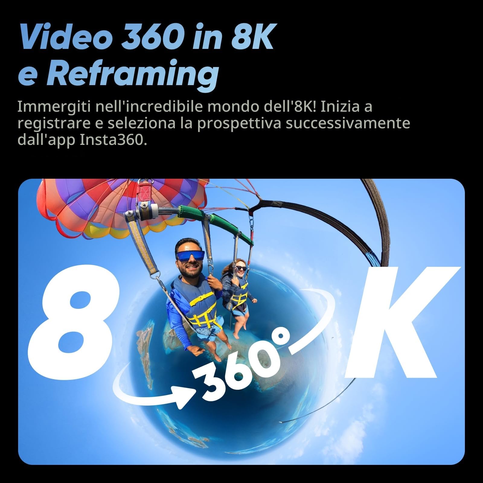Insta360 X4 Starter Pack - Action Cam 360° 8K Impermeabile, Video Grandangolari in 4K, Selfie Stick Invisibile. Protezioni Lenti Rimovibili, Autonomia Batteria 135 min, Editing IA, Stabilizzazione