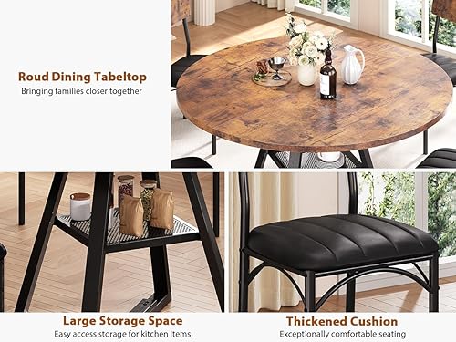 Miniatura 6 de Juego de mesa de comedor para 4, mesa de cocina y sillas para 4, mesa de comedor redonda con sillas tapizadas, 5 piezas circulares de madera que