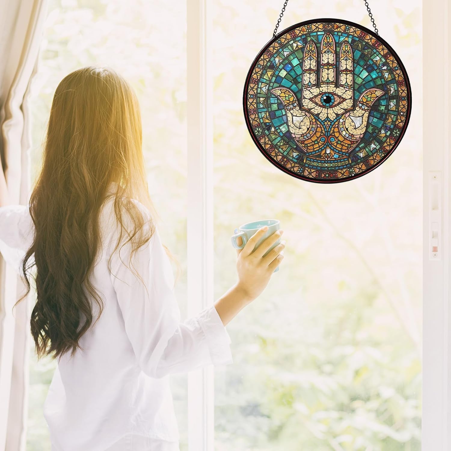 Hamsa Hand Stained Glass Window Hanging Hand of Fatima Sun Catcher Decor Protection Charm Suncatchers for Home Windows Hanging Decoration, 7.87inch image 3