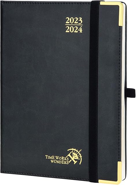 POPRUN Executive Week to View Academic Diary A5 2023-2024 22 x 16.5 cm Hardback 17 Months Mid Year Diary (Aug'23 - Dec'24) Weekly Planner - PU Leather, FSC® 100GSM Paper, Monthly Tabs - Black