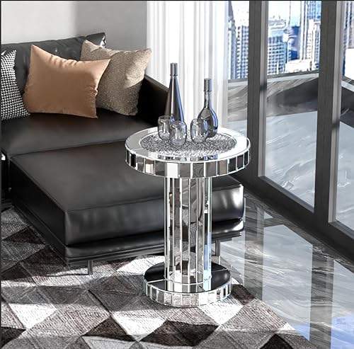 ENENE Mesa auxiliar de espejo con diamantes triturados para sala de estar, mesa auxiliar para espacios pequeños para dormitorio, oficina, pasillo,