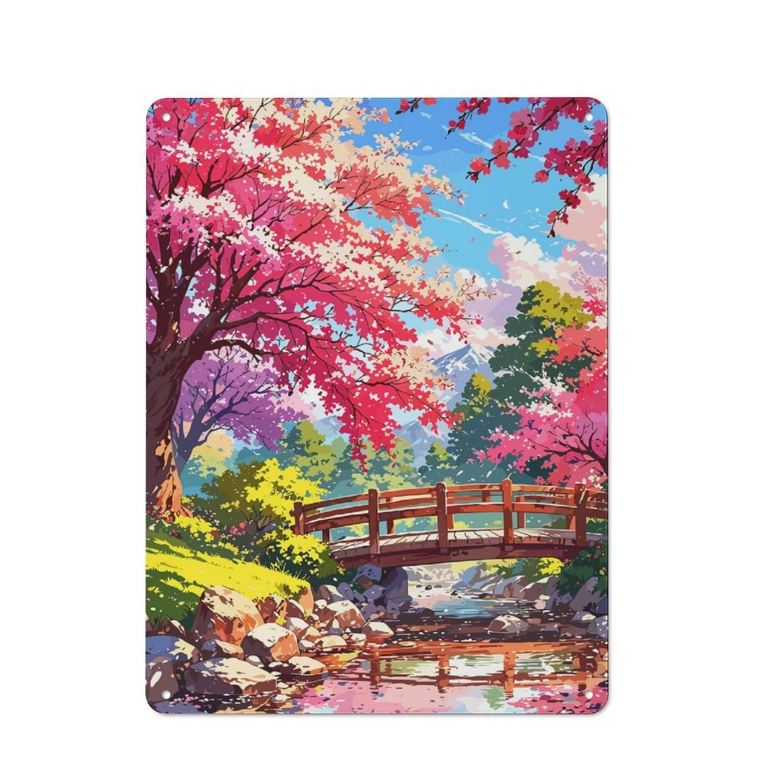 Junmoney Cherry Blossom Bridge Landscape Retro-Style Tin Sign 40X30cm For Kitchen Or Home Bar, Suited To Kitchen Decor Lovers