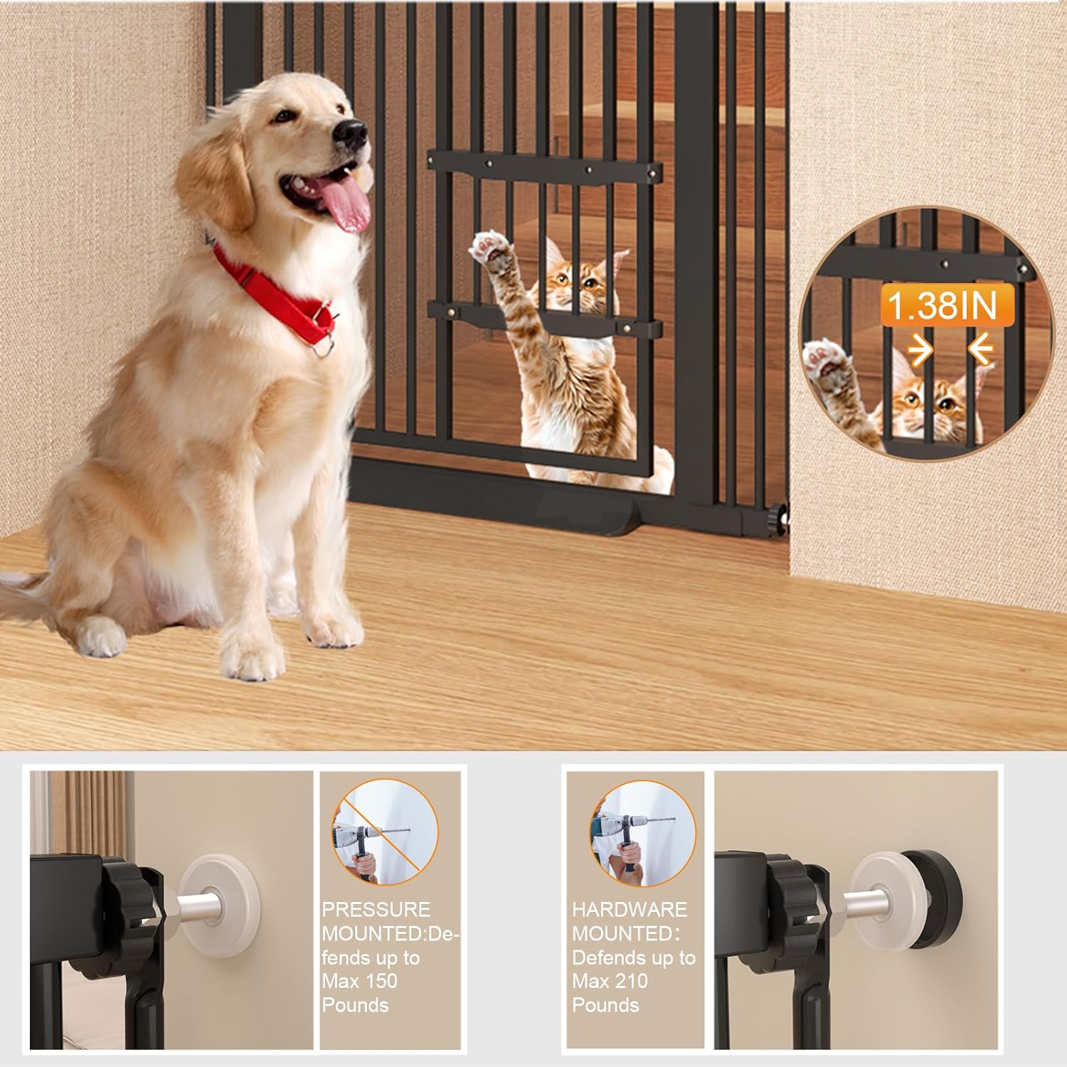 55.11" Extra Tall Cat Gate 29.5-40.6 Wide Pet gate for Doorway Pet Gate with Cat Doors NO Drilling Pressure Mount Kit for Cats and Dogs Indoor Doorways liveing Room Bedroom-Black