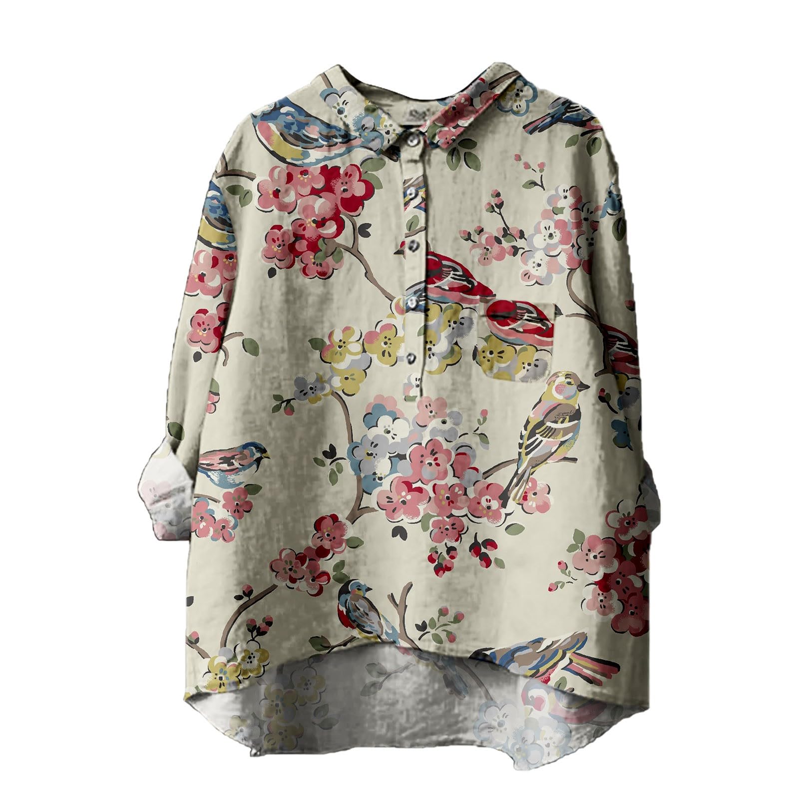 Generisch Camiseta de manga larga para mujer, verano, vintage, estampado de flores, manga larga, solapa grande, cuello redondo, túnica, informal, blusa larga, suelta, tallas grandes