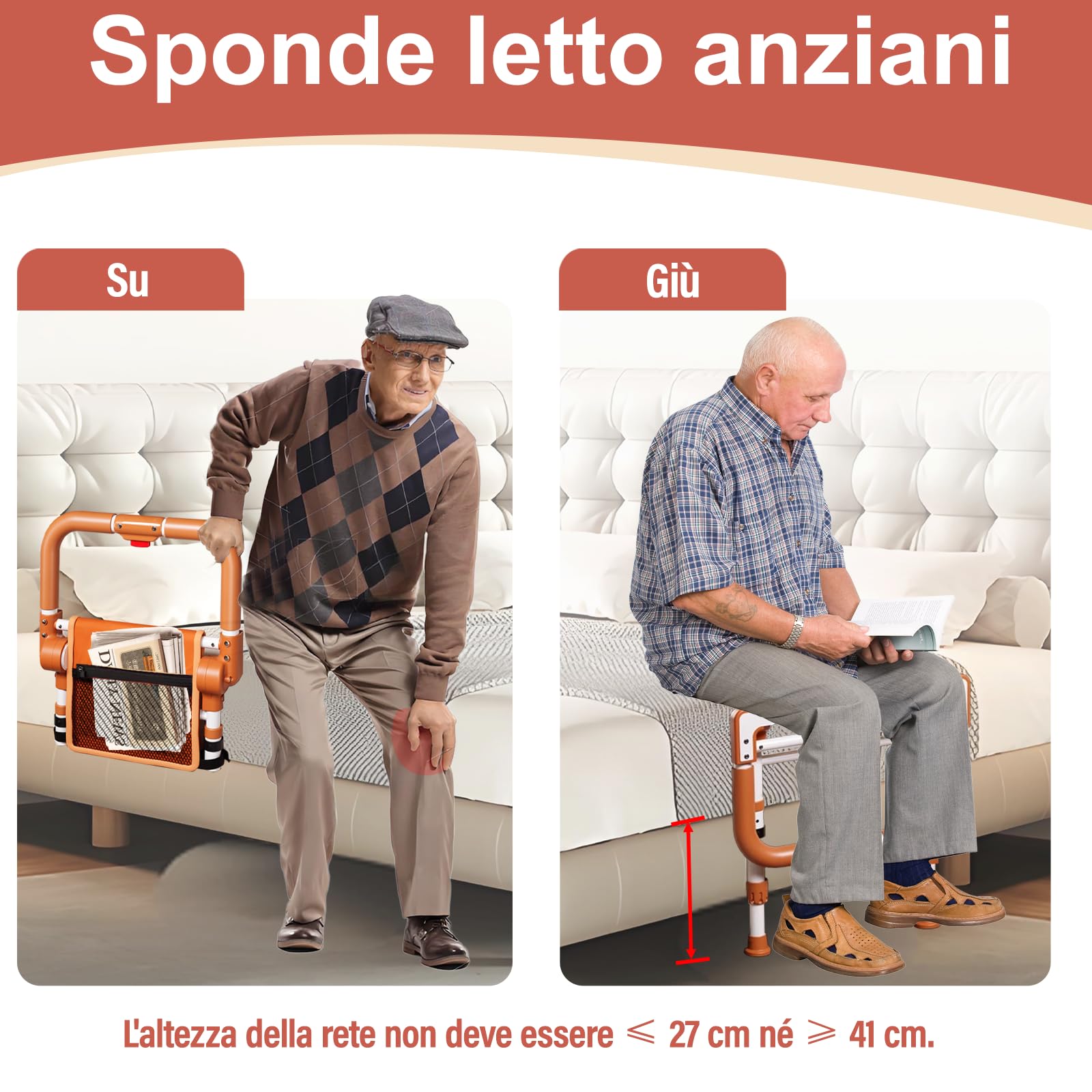 Ausili per Alzarsi dal Letto, Sponda Letto Anziani Pieghevole, con Tre Regolazioni in Altezza e una Tasca Portaoggetti, è Adatta ad Anziani, Persone con Mobilità Ridotta (Con piedini)