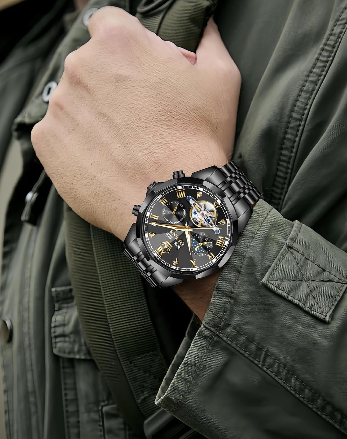 OLEVS Men Automatic Watch Diamond Skeleton Mechanical Luxury Self Winding Moon Phase Calendar Waterproof Wrist Watch for Men - Image 2