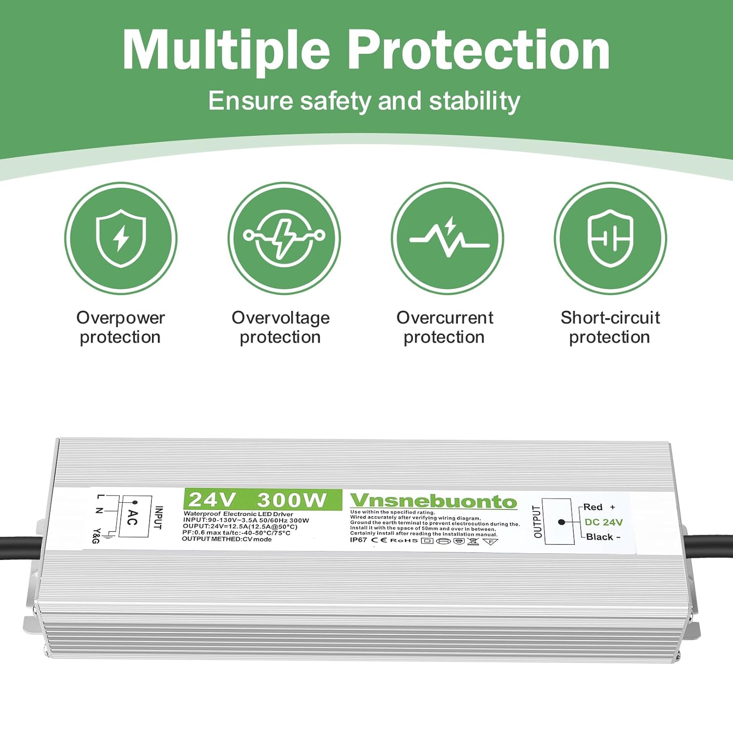 24V Power Supply 300W, 90-130V AC to 24V DC 12.5A Converter, IP67 Waterproof LED Driver, 24 Volt Low Voltage Transformer, Adapter with 3-Prong Plug for LED Light, Outdoor Indoor Use