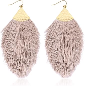 Bohemian Silky Thread Fan Fringe Tassel Statement Earrings - Lightweight Strand Feather Shape Dangles