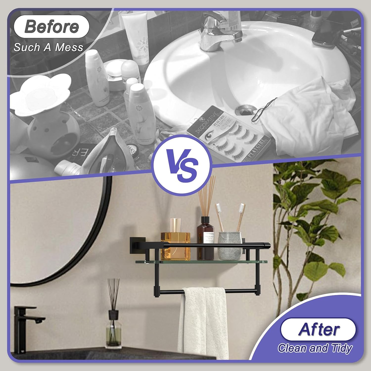 Glass Shelf for Bathroom 16 Inch Bathroom Shelves with Towel Bar, Tempered Glass Shelves with Stainless Steel Towel Holder for Wall Shelf Sink Over Toilet (Matte Black)