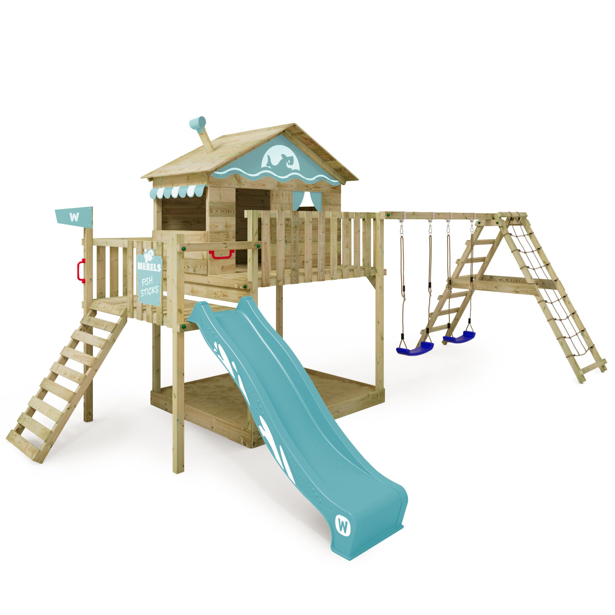 WICKEY Wooden climbing frame Smart Ocean with swing set & slide, Outdoor kids playhouse with sandpit, climbing ladder & play-accessories for the garden - blue pastel