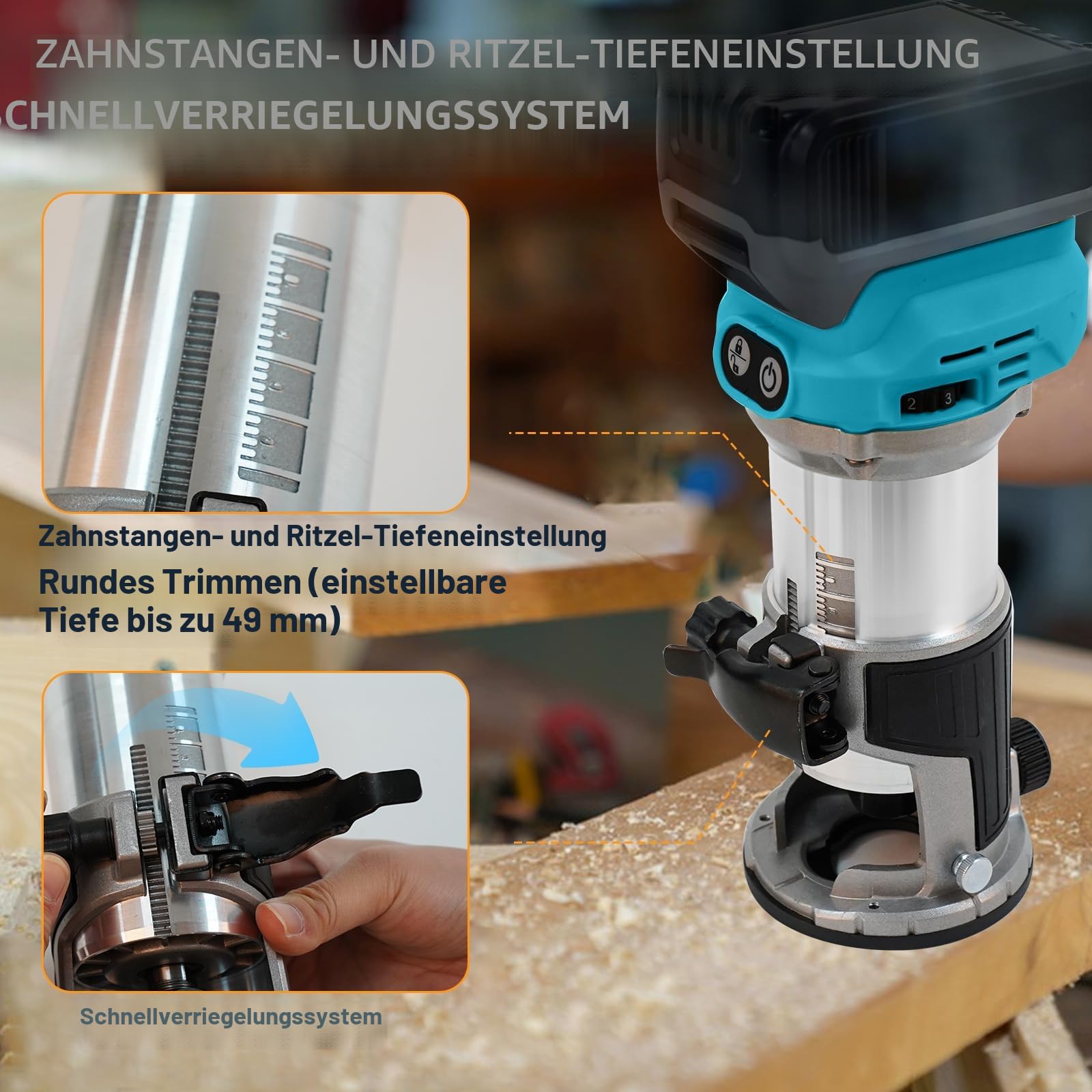 Akku Oberfräse für Makita 18 V, 800 W Bürstenloser Oberfräse Trimmer Einhandfräse Kantenfräser 30.000 U/min Akku-Holzfräser mit 15 Stück 1/4-Zoll-Schaft Fräser Set (ohne Akku)