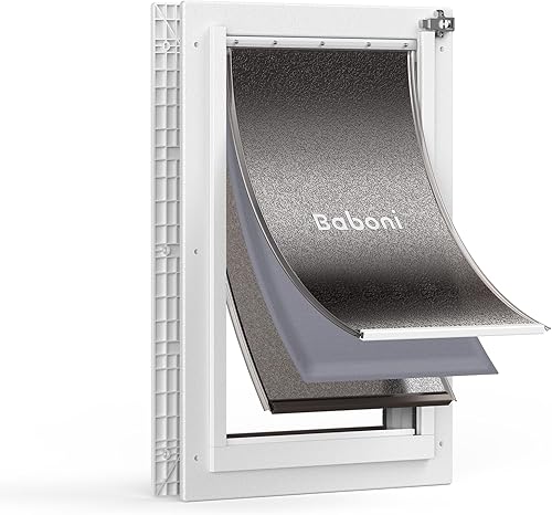 Baboni Puerta para mascotas con 3 solapas para puertas interiores y exteriores, marco de plástico duradero y túnel telescópico, cerradura de