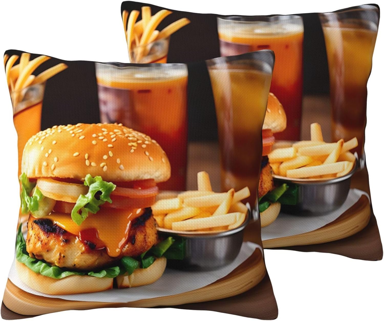Chicken Leg Burger Drink Imitation Linen Pillowcase -2 Sets, Fashionable Home Decoration, Used for Sofas, Gardens, beds