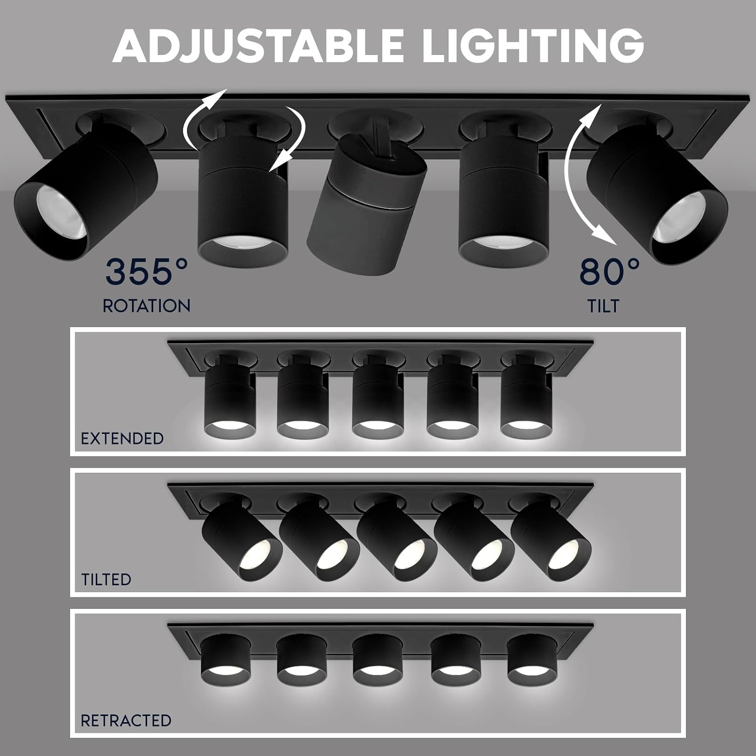 LUXRITE 5-Head Adjustable Recessed LED Spotlight, Retractable Directional Light, 5CCT 2700K-5000K, CRI90, 15W, 1000LM, Adjustable Head 355° Rotation & 80° Tilt, Dimmable, IC Rated, ETL, Black (4 Pack)