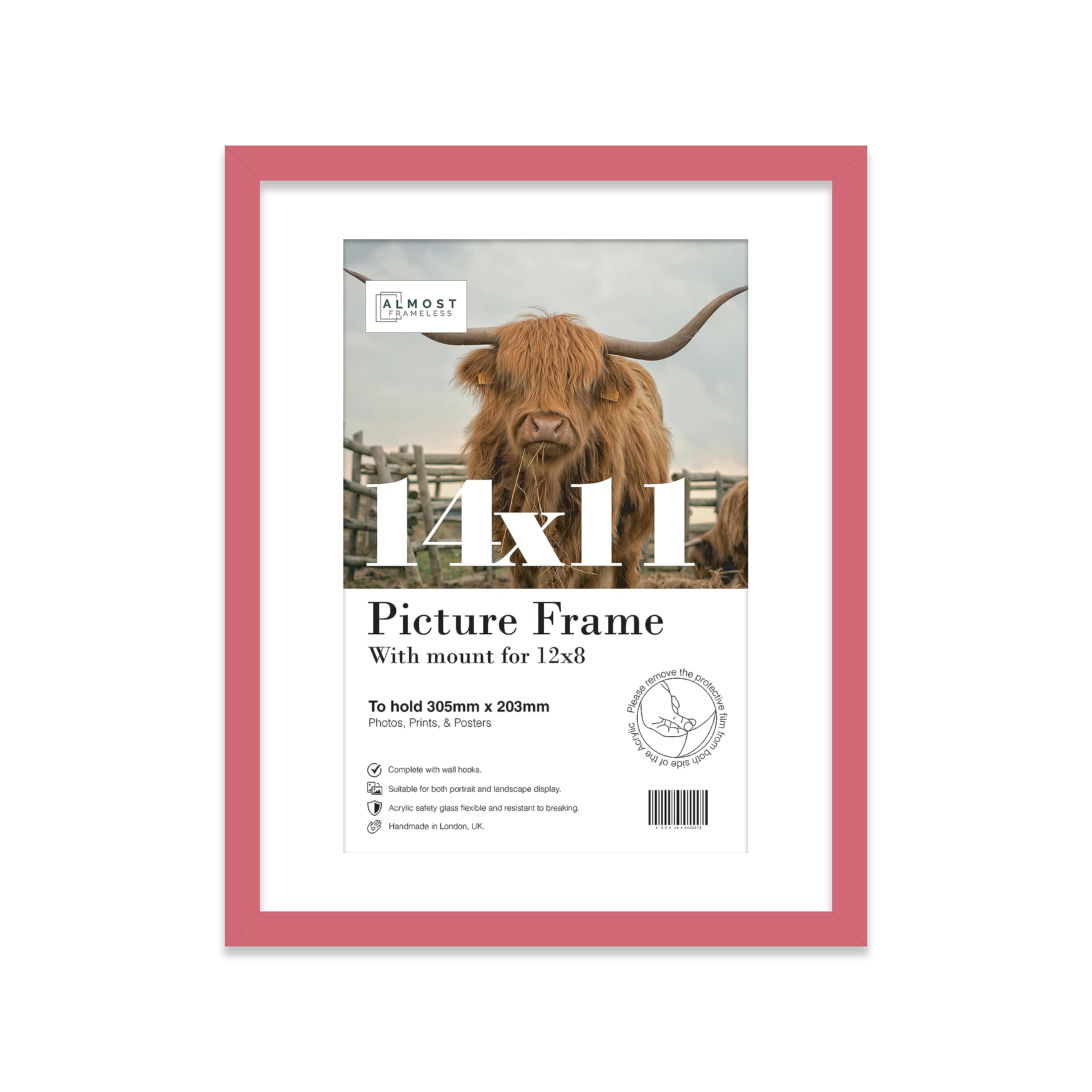 Almost Frameless 14x11 Pink Picture Frame With Mount for 12x8 Print, Poster or Photo Poster, Photo, Artwork, or Print. Thin Edge Slim Frame Portrait and Landscape Display with Wall Hooks