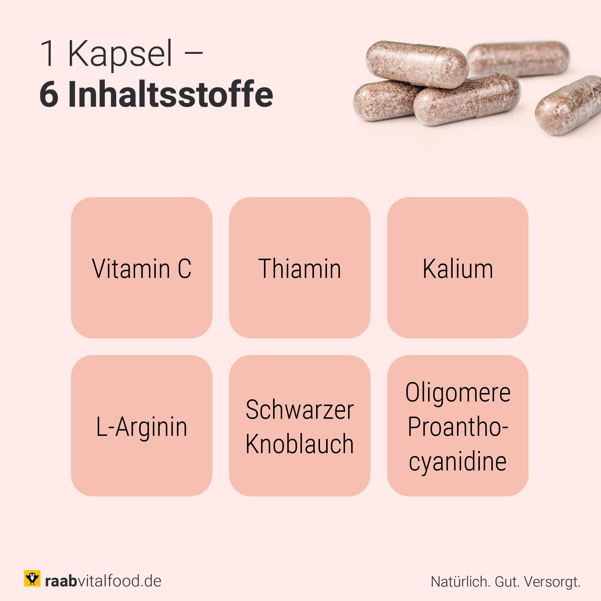 Raab Vitalfood® Herz Gefäß Komplex Kapseln (100 Stück) - Kombination aus Kalium, L-Arginin, schwarzer Knoblauch-Pulver, OPC aus Traubenkernextrakt sowie Thiamin und Vitamin C