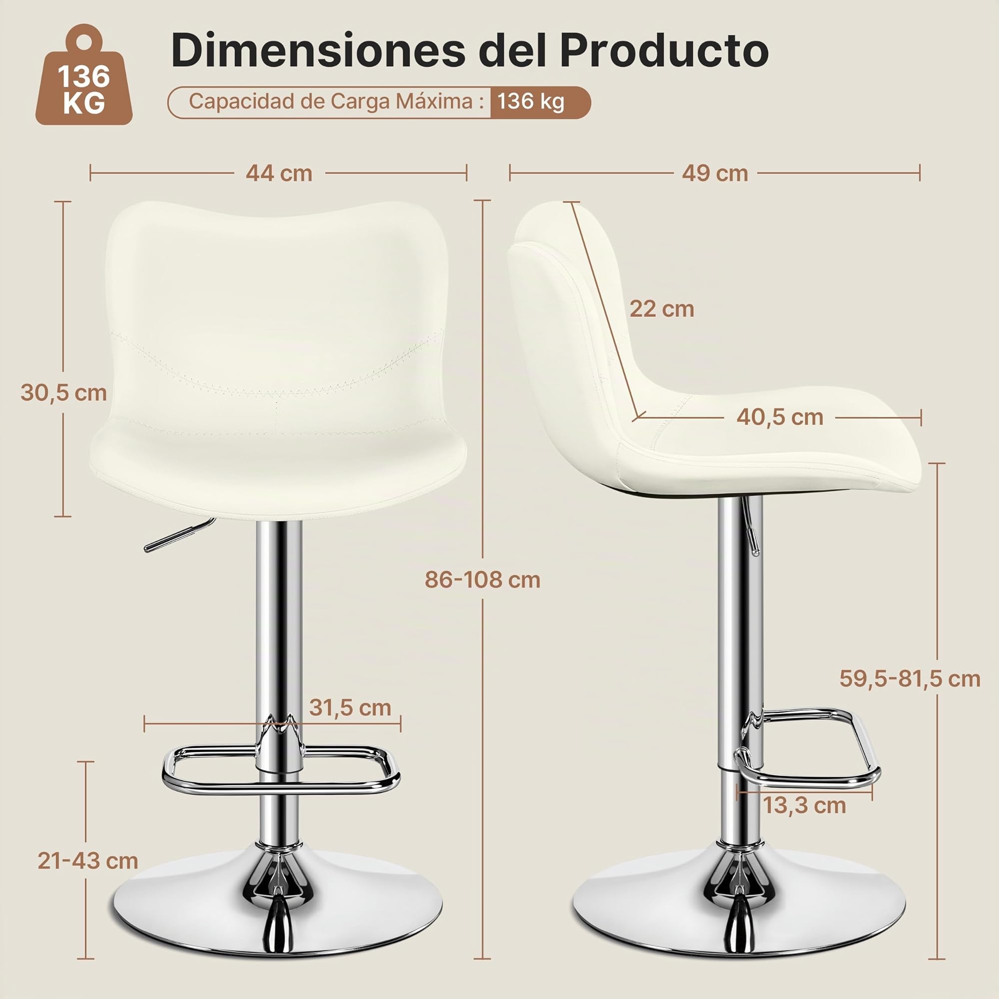 Yaheetech Juego de 2 Taburetes de Bar, Silla de Polipiel sin Reposabrazos | Sillas Giratorias con Respaldo Reposapiés Altura Ajustable Blanco