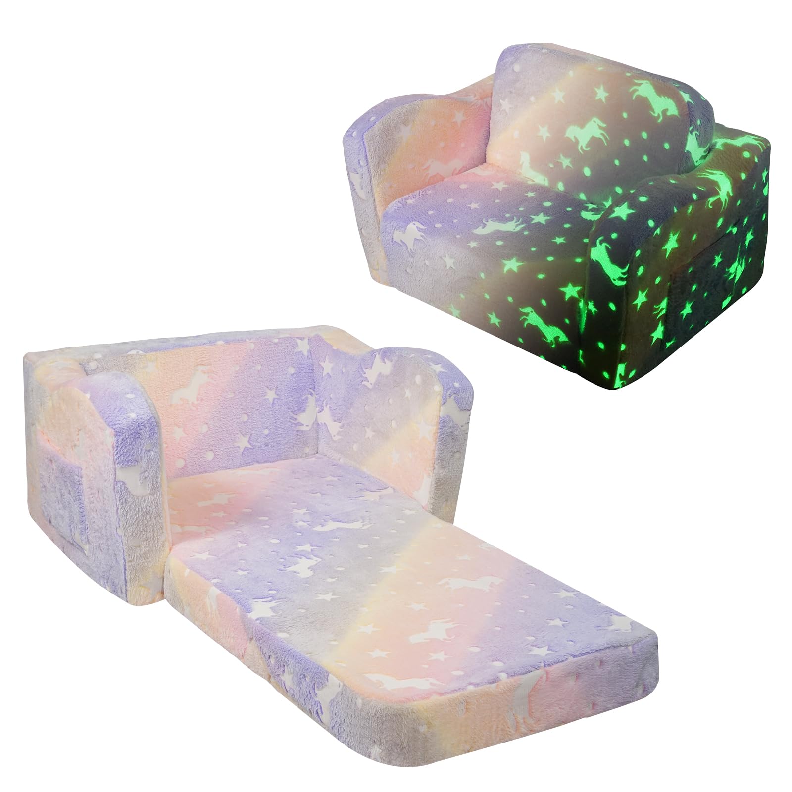 VEVOR Seggiolone Pieghevole 2 in 1, Divano Letto per Bambini Comodo, Divano Schiuma 25D Convertibile, Mobili da Sala Giochi per Bambini Arcobaleno