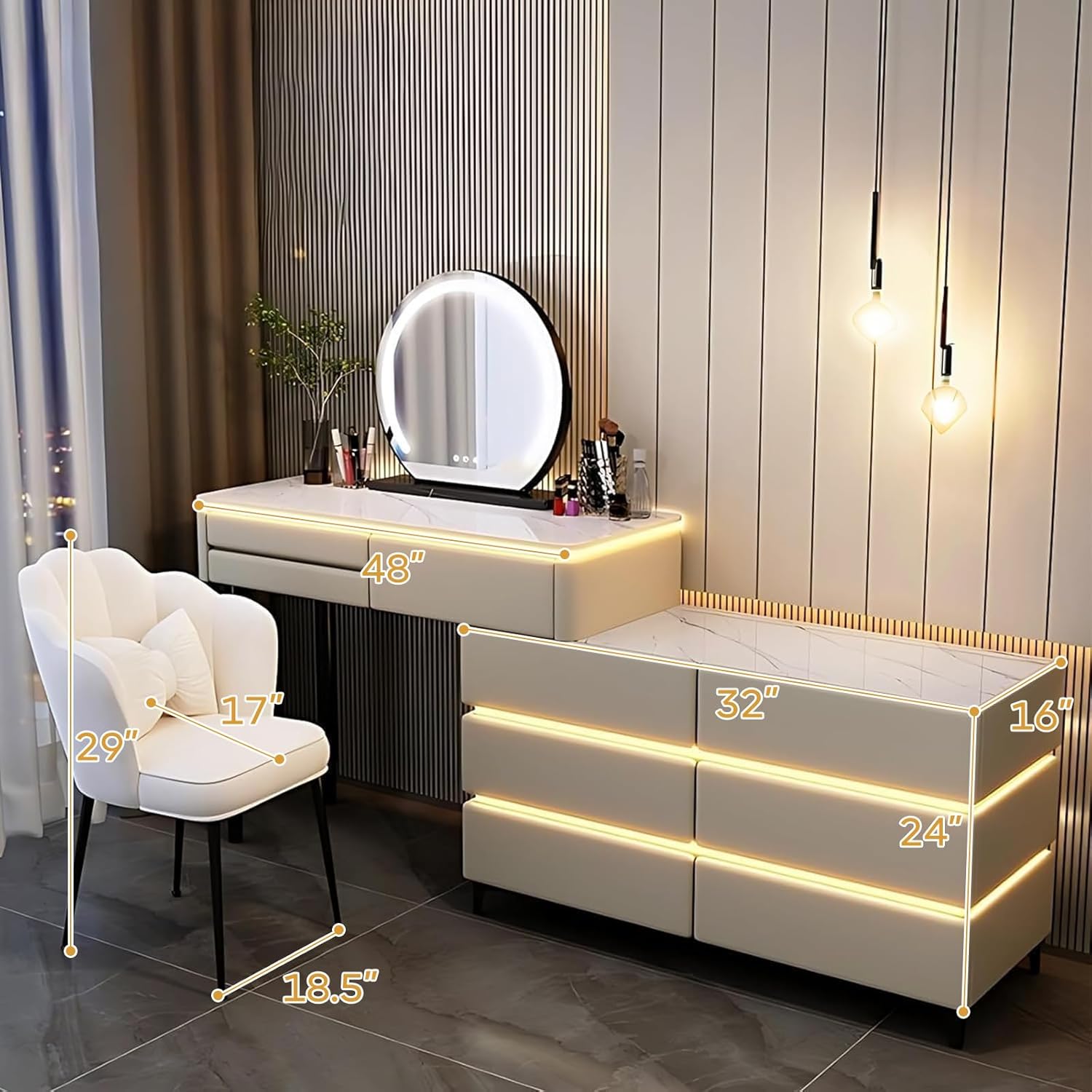 Diagram showing the dimensions of the vanity desk and chair.