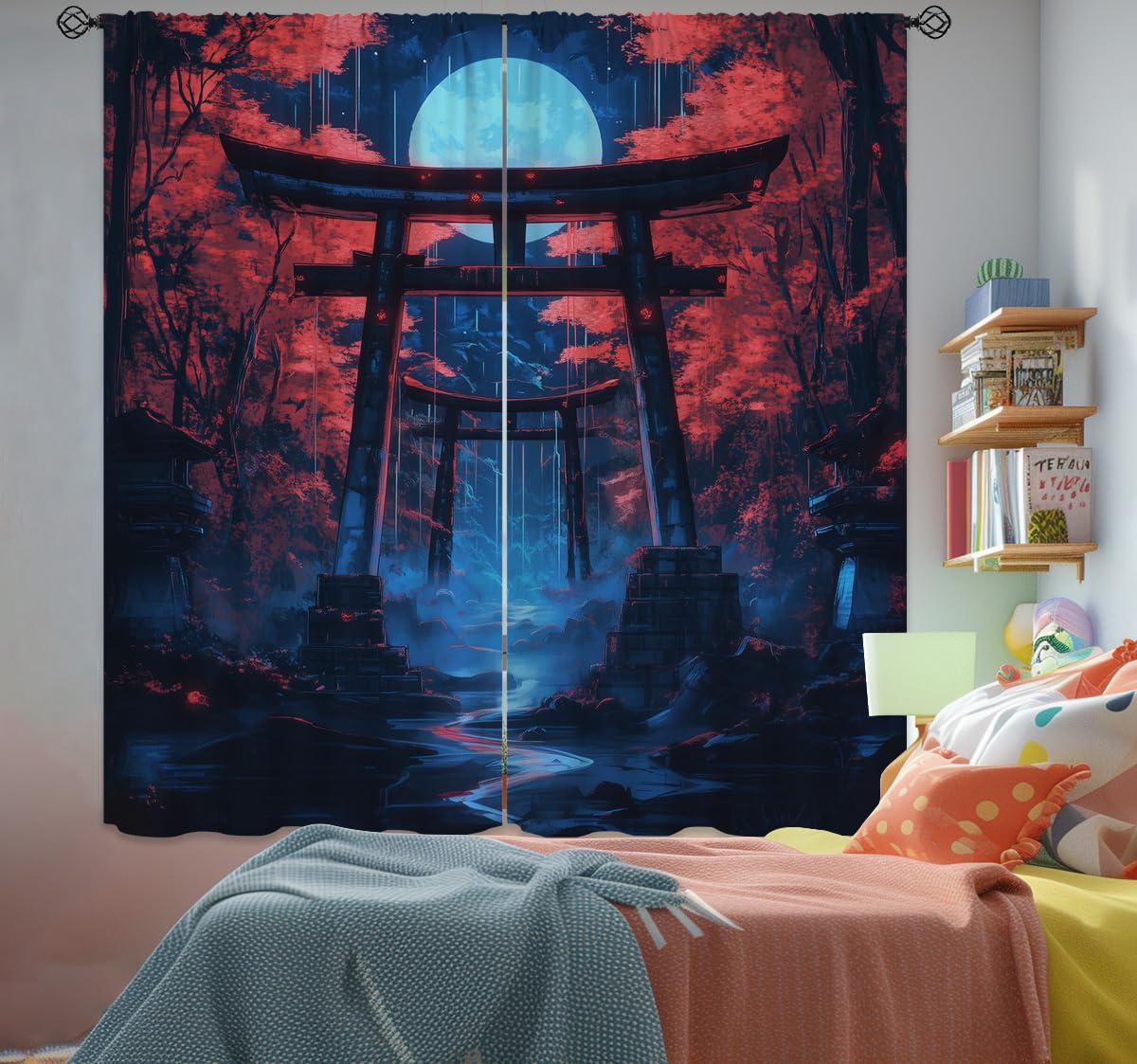Japanese Torii Gate Blackout Curtains for Girls Boys Kids Home Decor, Bushido Anime Dark Fantasy Rod Pocket Thermal Insulated Drapes Darkening Window Curtain for Bedroom Living Room, 42 x 63 Inch