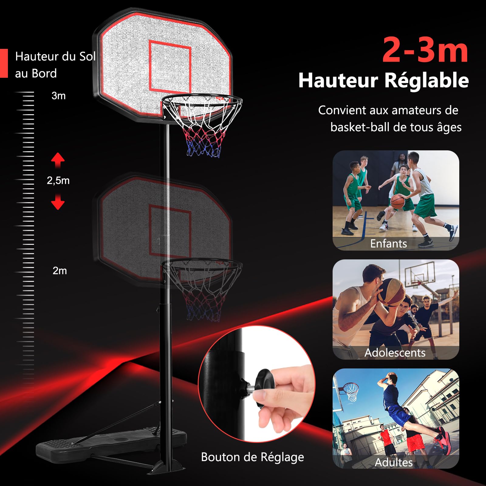 GYMAX Panier Basket Exterieur pour Enfants Adultes, Hauteur Réglable 220-305cm, Mobile avec Roues, Base Remplissage d'eau ou Sable, Structure Stable Triangulaire