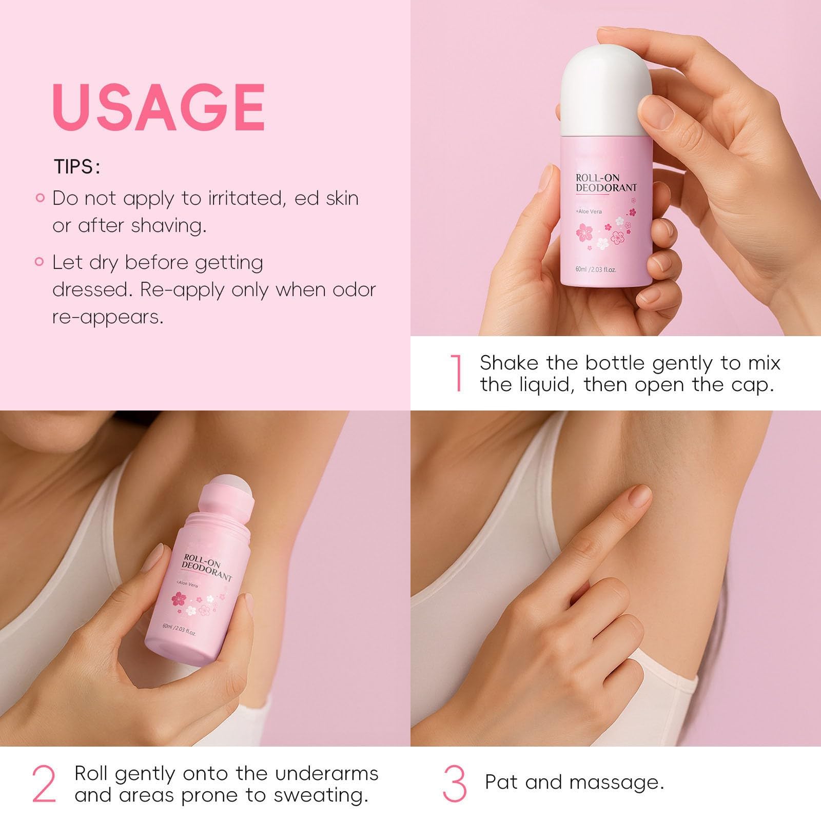 Roll-On Deodorant for Women & Men, Kirschblüten Duft, 60ml, sanfte Formel mit Aloe Vera, nicht klebend, langanhaltender Frischeduft, für Achseln & Körper，3pc