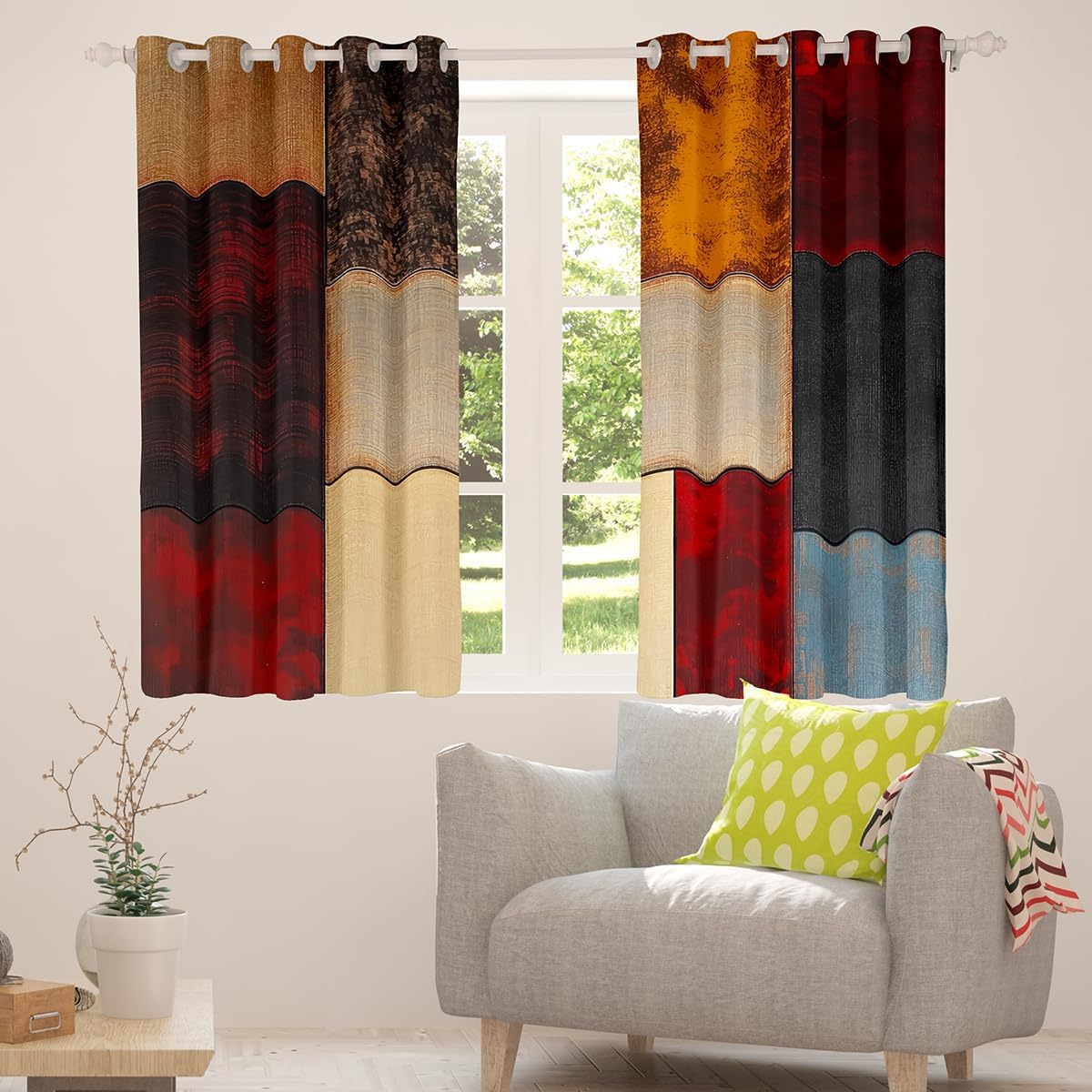 Feelyou Modern Geometric Darkening Drapes Red Brown Black Geometric Plaid Curtains Bedroom Living Room Abstract Blackout Curtain Boys Room Decor Modern Luxury Window Treatments, 2 Panels 52 x 84 Inch